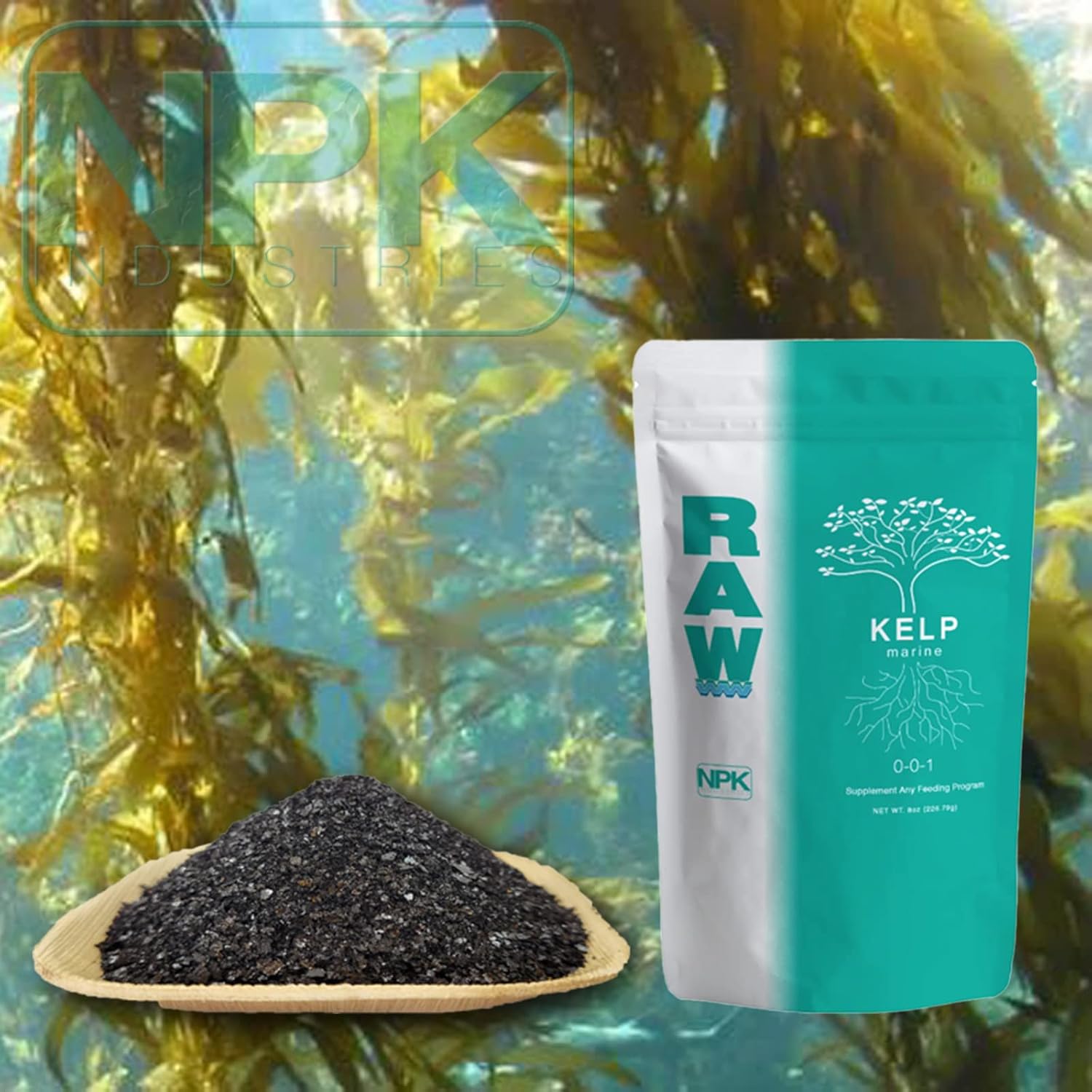 RAW Kelp 8oz  Bioestimulante que es rico en hormonas vegetales orgánicas para un mayor crecimiento, uso hidropónico en interiores, exteriores
