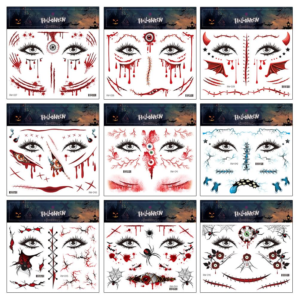 Tatuajes temporales de Halloween, Día de los Muertos, calcomanías de tatuaje de ojos sangrientos, 10 hojas de tatuajes falsos para decoración de