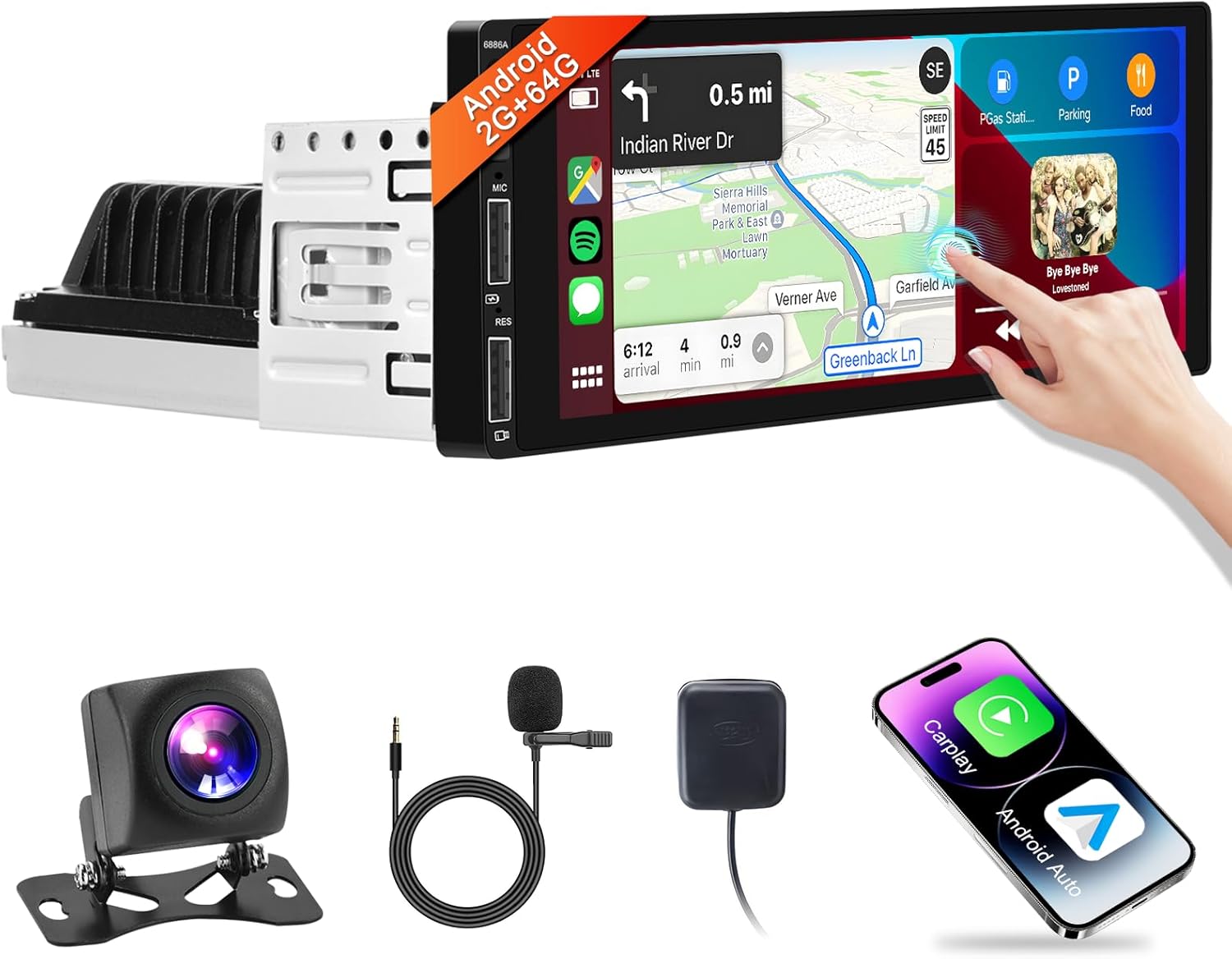 2G+32G Android Single DIN inalámbrico Apple Carplay Car Stereo Android Auto podofo 6.86 pulgadas Pantalla táctil HD Bluetooth Radio de coche en Dash