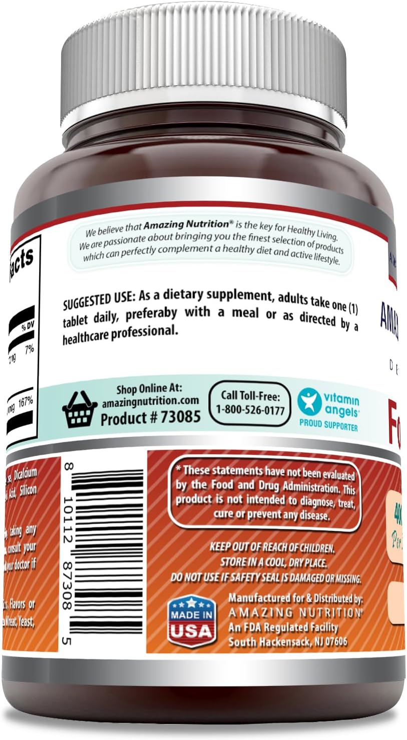 Amazing Formulas – Tabletas de ácido fólico (vitamina B9) de 400 mcg, sin OMG, sin gluten, fabricadas en Estados Unidos (400 mcg, 250, unidades)