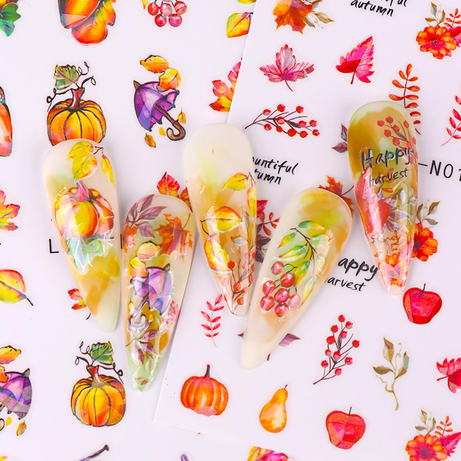 Calcomanías de arte de uñas de hoja de arce de otoño, hojas de otoño 3D, diseño de calabaza y hongos para uñas, decoración de calcomanías de