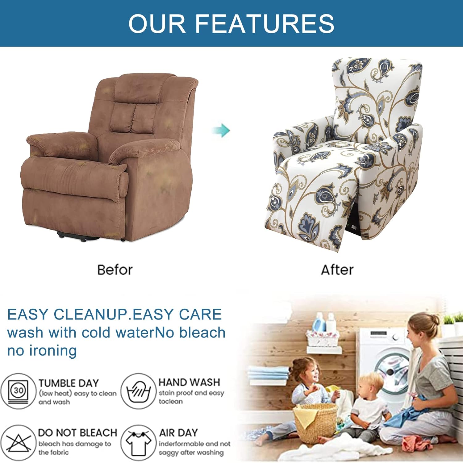 Eco-Ancheng Fundas reclinables de 4 piezas, fundas para sillas reclinables, fundas elásticas para sofá reclinable, fundas ajustables antideslizantes