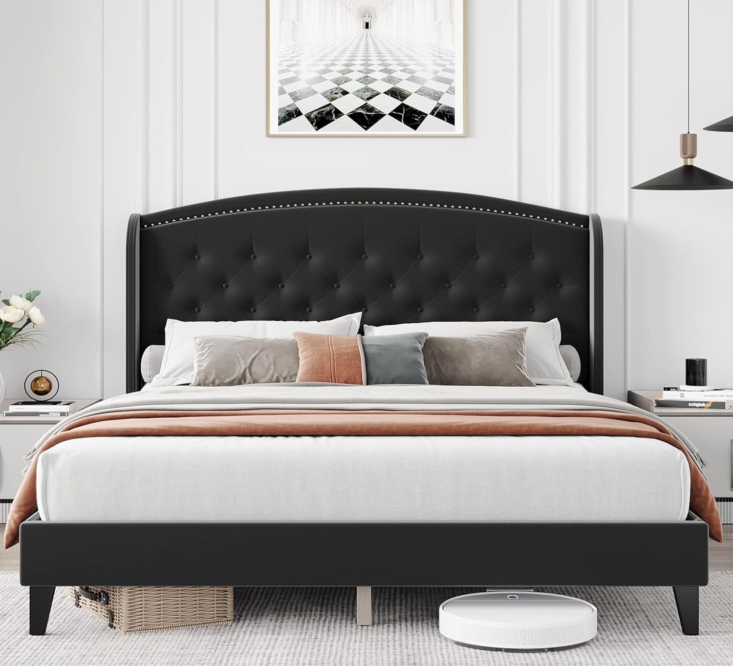 Assile Base de cama Queen con cabecera tapizada, cama de plataforma con respaldo de alas con terciopelo suave y diseño copetudo, listones de madera