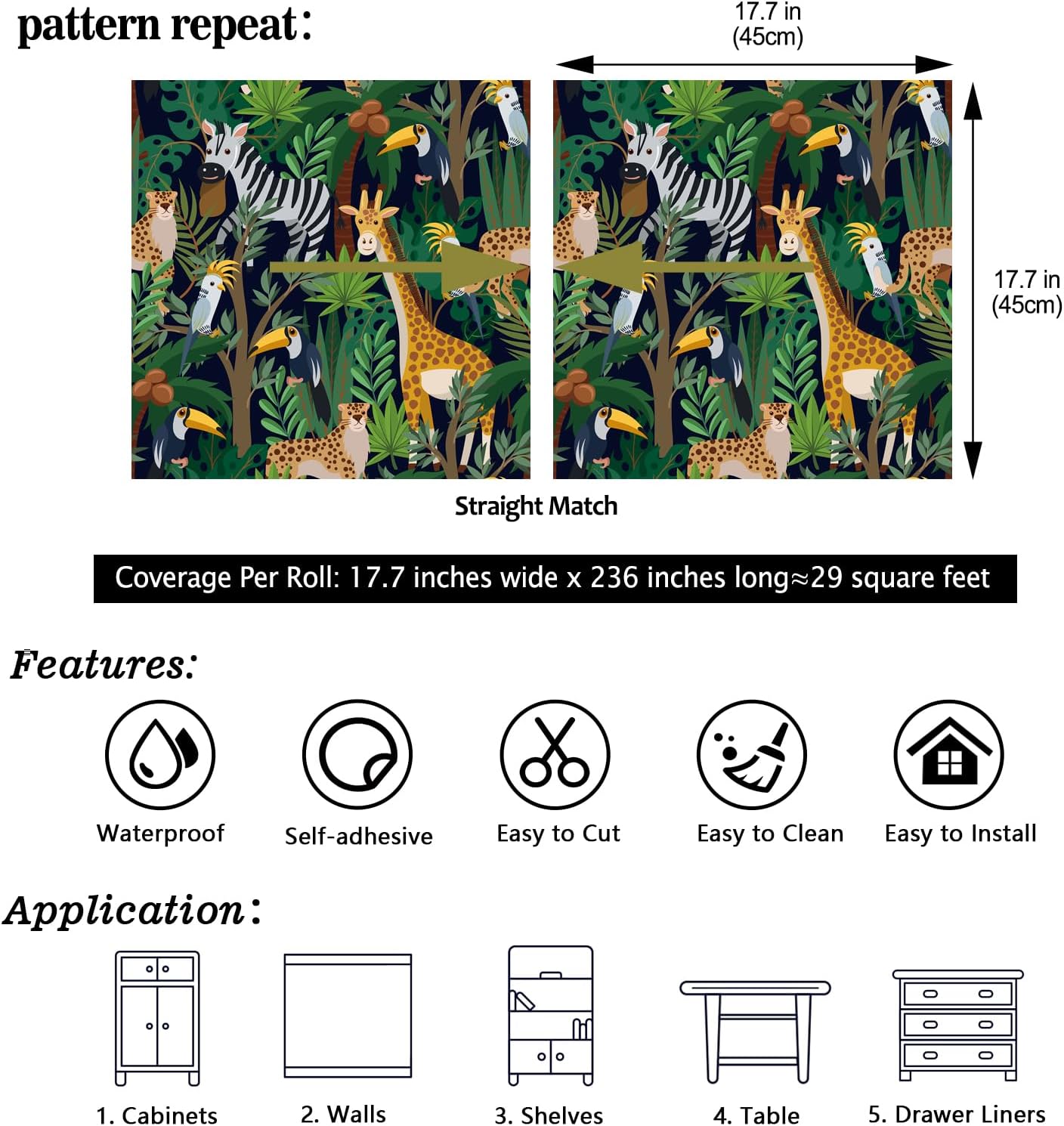 Papel tapiz de 17.7 x 236 pulgadas con estampado de animales, papel de contacto para niños, hojas de palmera verde, papel de contacto para