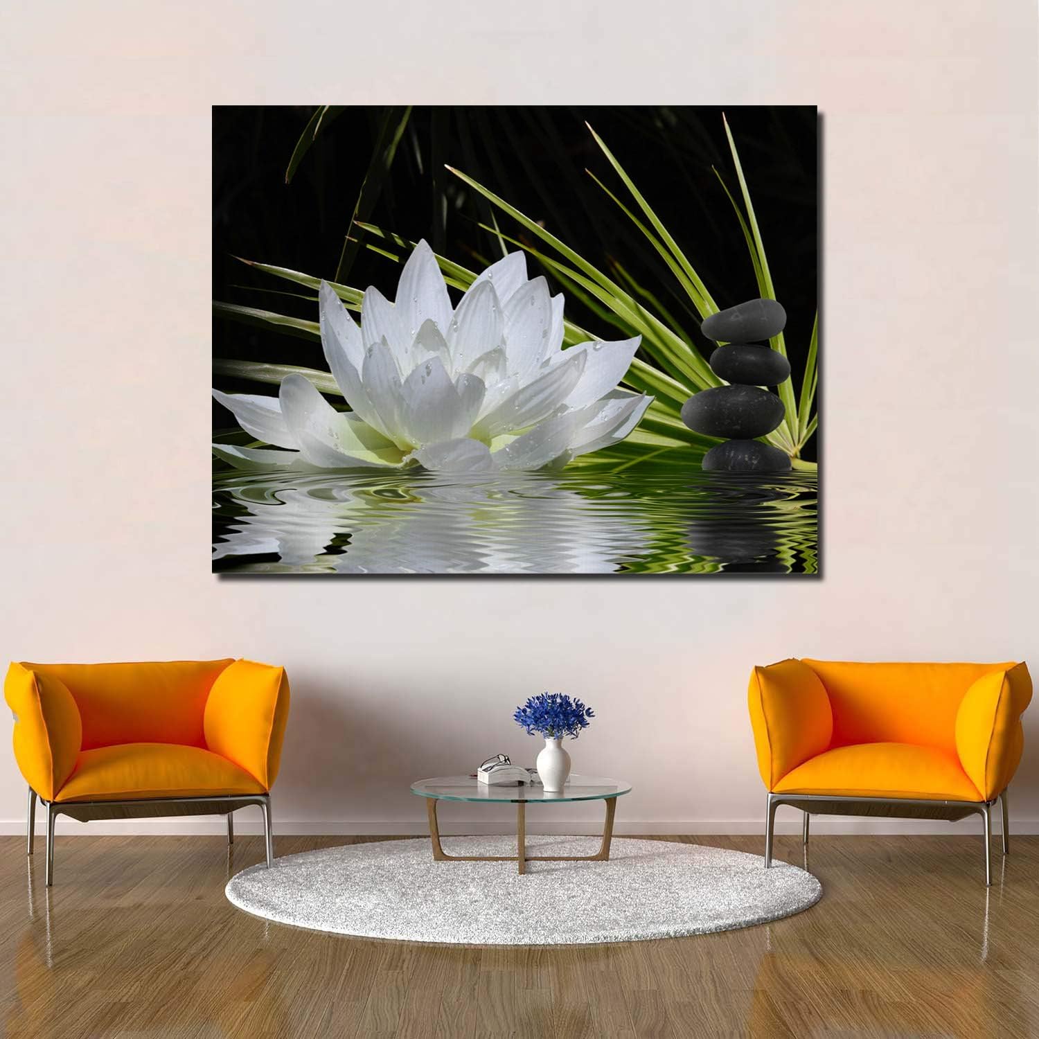 Lienzo decorativo para pared, imagen de loto blanco y piedras zen negras, decoración moderna de pared, envoltura de lienzo de galería, impresión