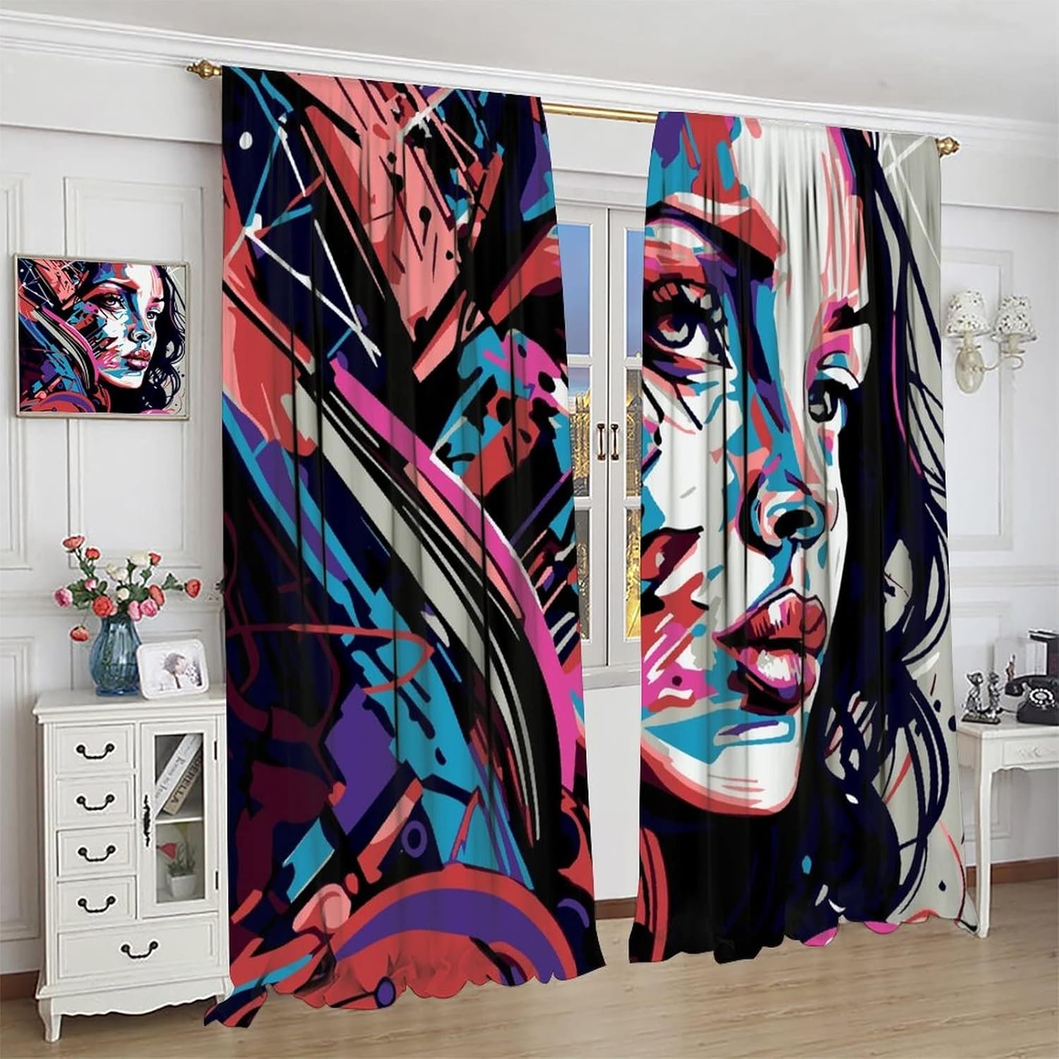 Cortinas de pared de ladrillo, arte pop de grafiti, hermosas cortinas con estampado de chicas americanas para adolescentes, dormitorio, sala de