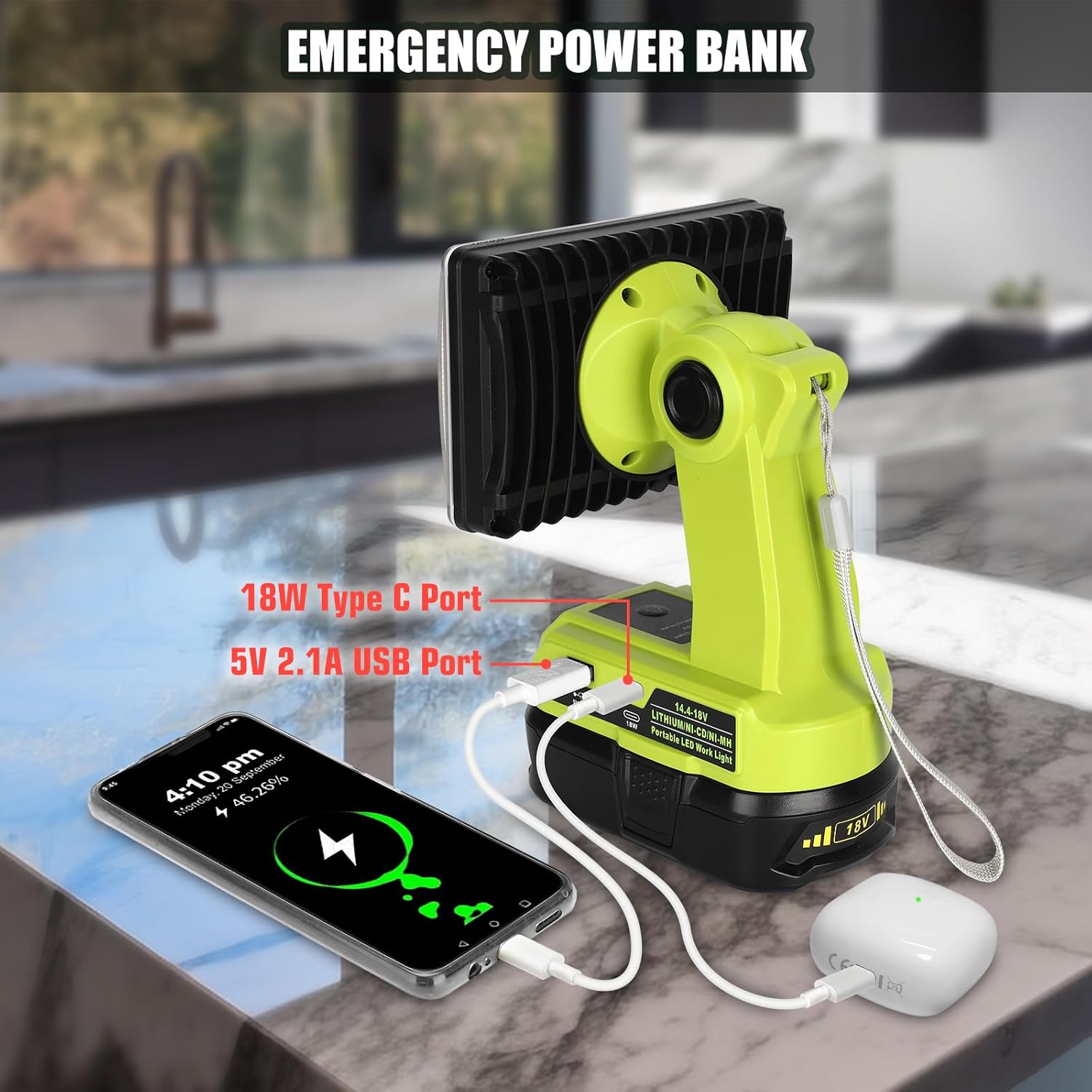 Luz de 18 V para Ryobi 18 V One+ batería de iones de litio, 18 W 2000 lm para luz Ryobi con puerto USB, cabeza giratoria de 110 grados de aleación