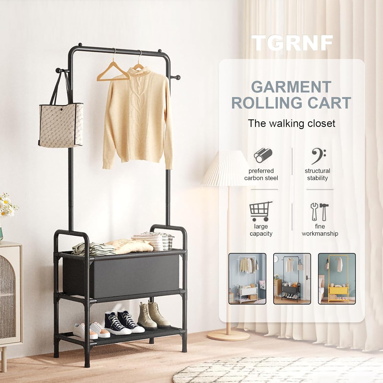 Percheros de ropa de 3 niveles para colgar ropa para niños, organizador pequeño con estantes para una habitación pequeña, resistente sobre ruedas,