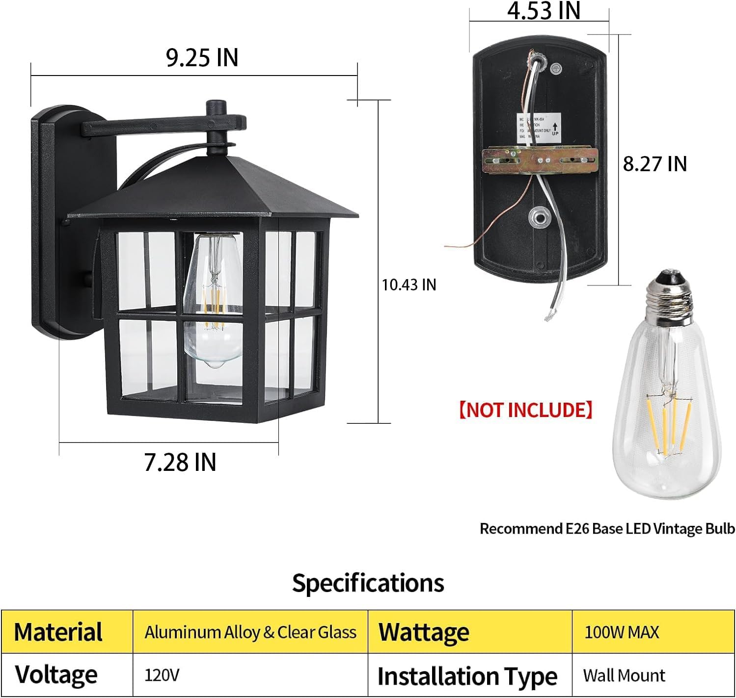 Lámpara de pared para exteriores con pantalla, impermeable, de aluminio negro mate, para patio, pasillo, pasillo, puerta, porche, patio