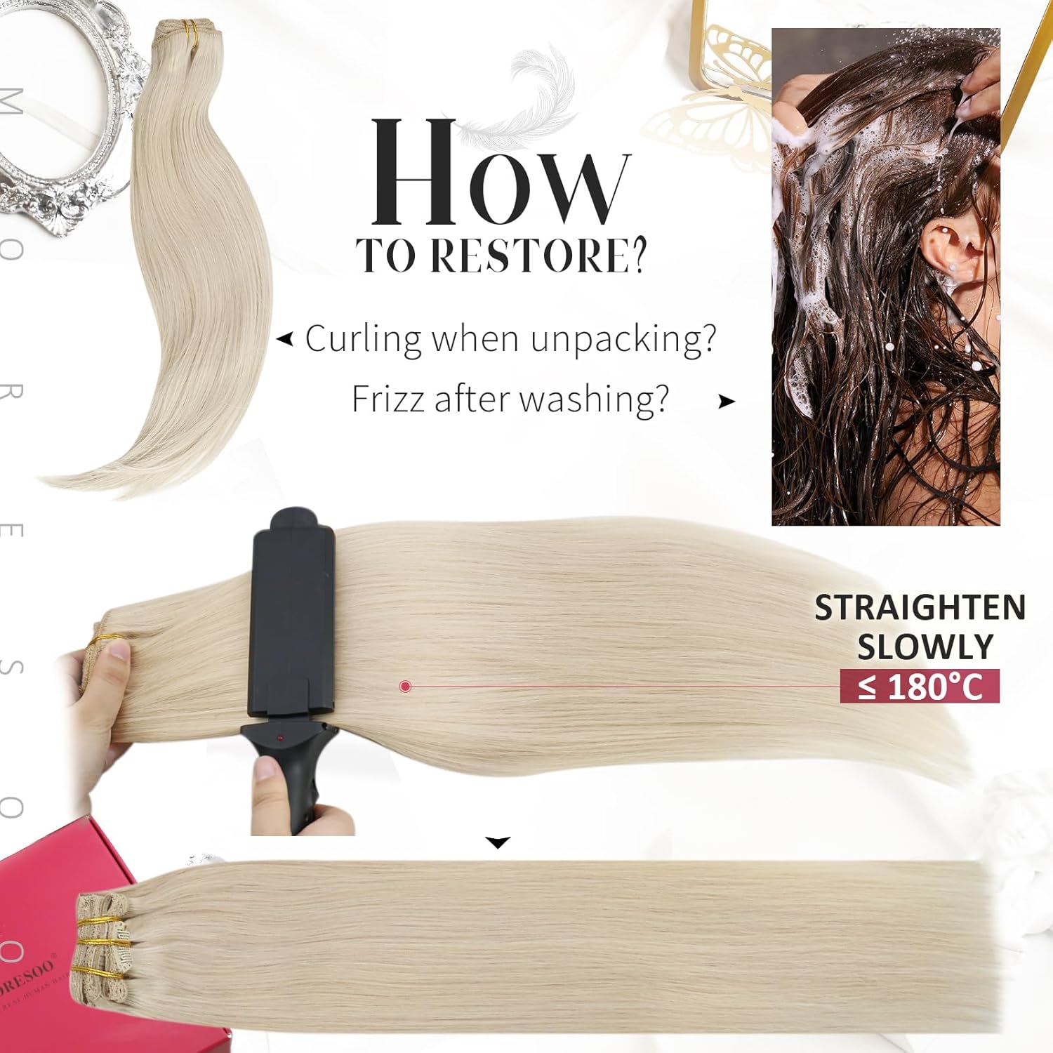 Moresoo Extensiones de cabello humano Remy con clip, color rubio platino, extensiones de cabello humano real de doble trama, color rubio #60, 18