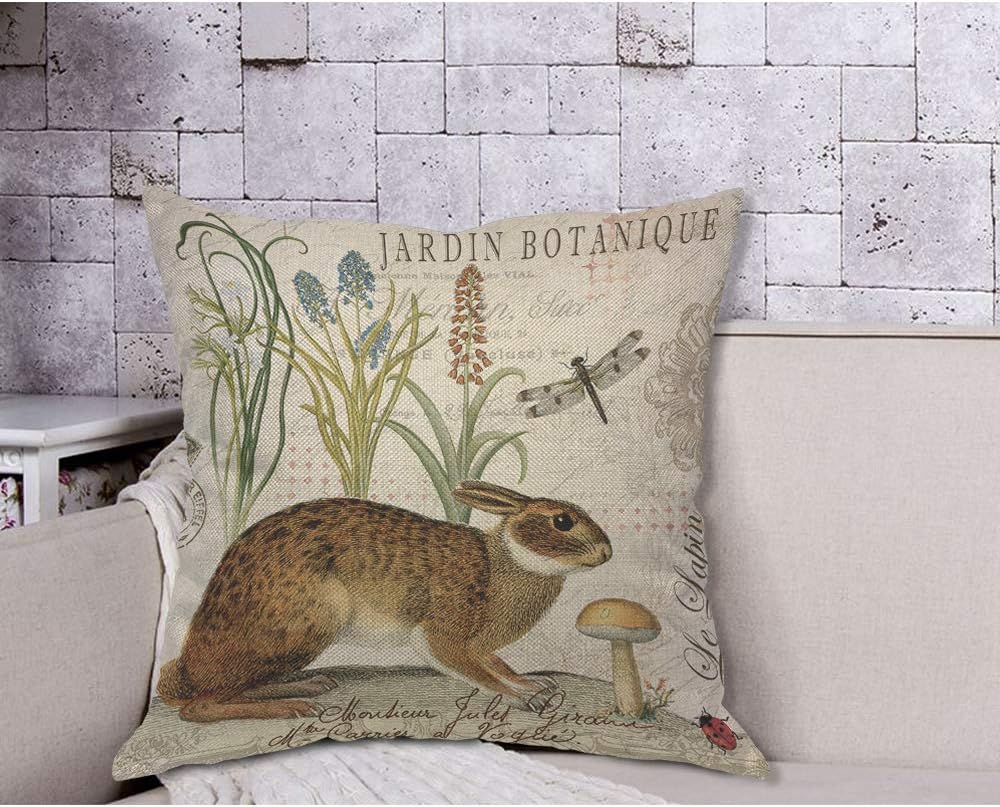 AOYEGO Funda de almohada de Pascua con diseño de conejo, diseño botánico de hojas florales y naturales, insectos, follaje, brote, 18 x 18 pulgadas,