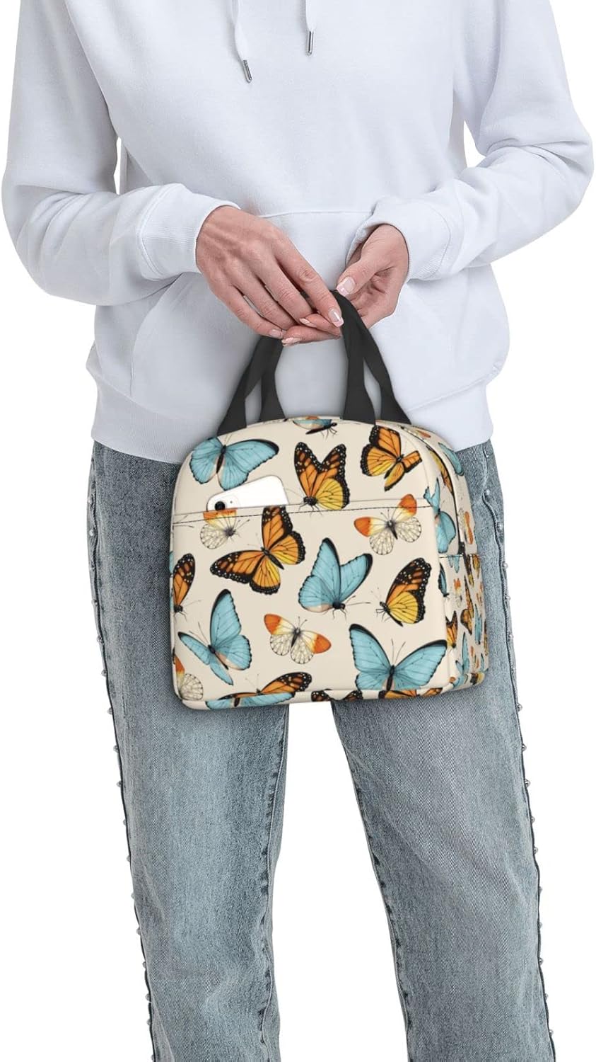 Lonchera vintage retro con diseño de mariposa aislada, reutilizable, impermeable, portátil, para hombres, mujeres, niñas y niños