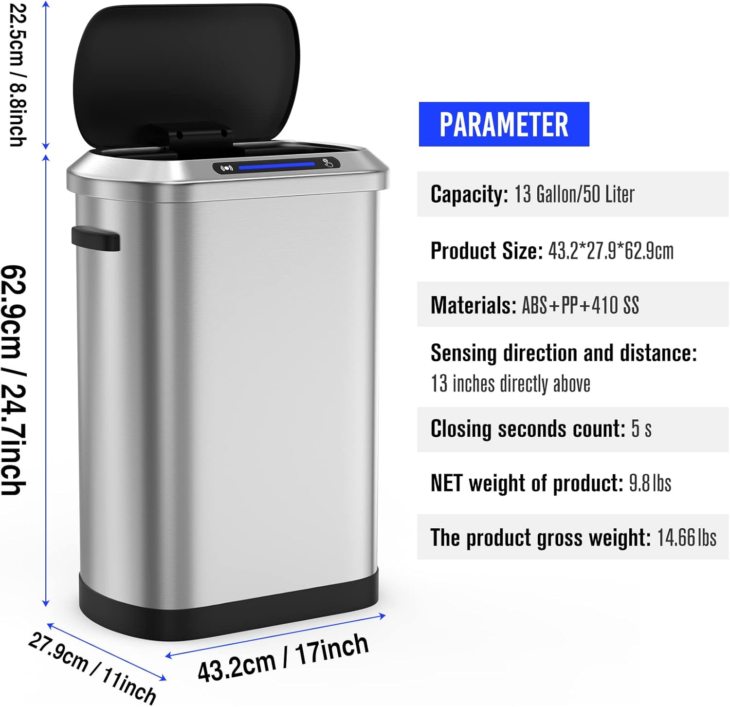 Bote de basura automático inteligente de 13 galones de 50 litros con tapa, cuerpo grueso de acero inoxidable y tapa de sensor sin tacto súper