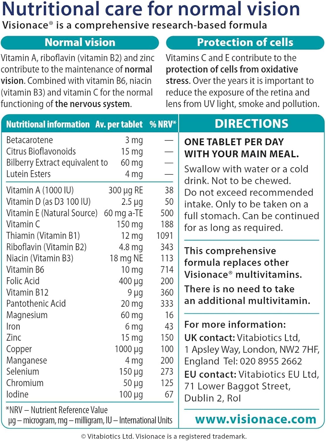 Vitabiotics Visionace Original – Multivitamínico nutricional para la visión normal  Vitaminas A, B2 y Zinc – 30 Tabletas
