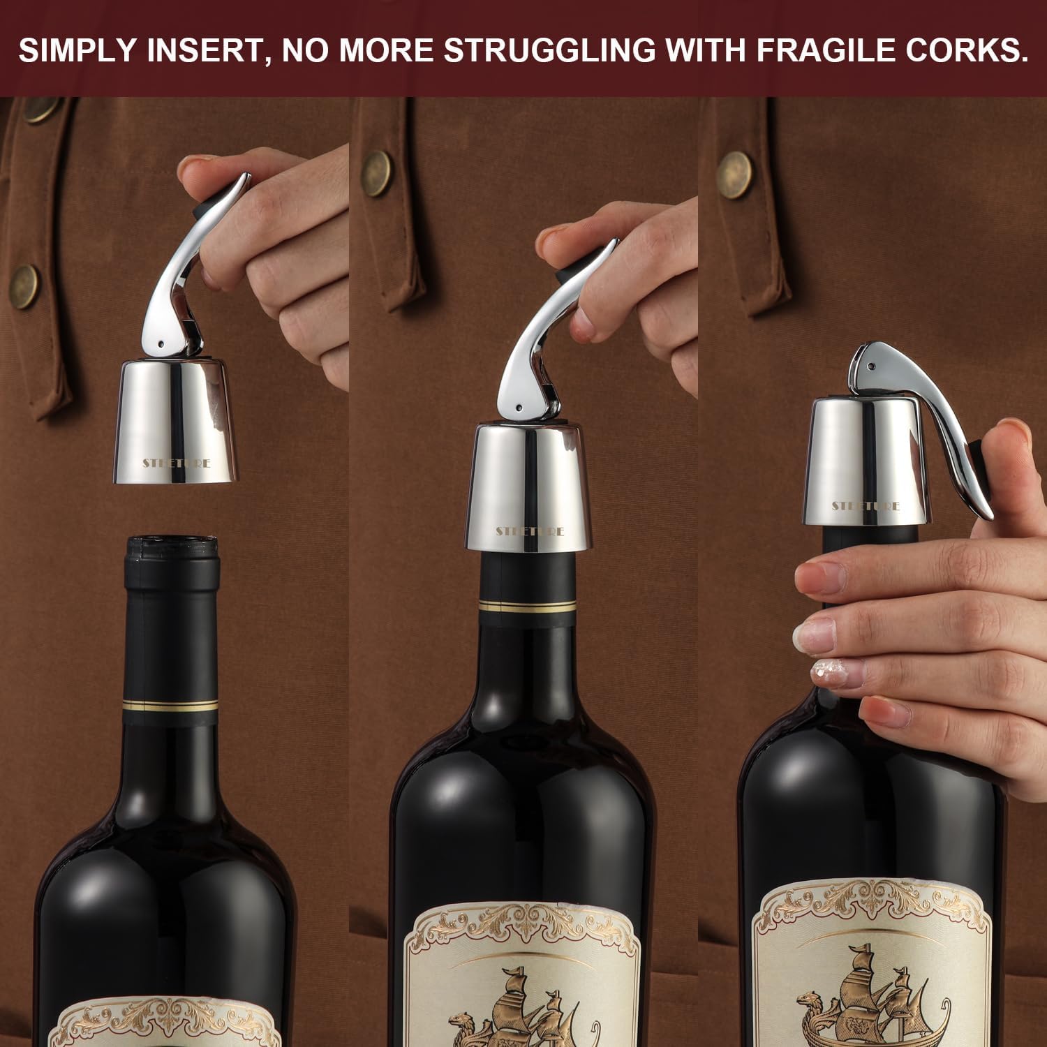 Tapones de vino para botellas de vino, paquete de 2, corchos de vino de acero inoxidable con tapón de silicona, a prueba de fugas, reutilizable para