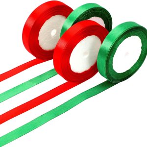 DECYOOL – 4 rollos de cintas navideñas de satén de 100 yardas de 0.591 in de ancho, para envolver regalos y decoración de Navidad, color rojo y verde DECYOOL – 4 rollos de cintas navideñas de satén de 100 yardas de 0.591 in de ancho, para envolver regalos y decoración de Navidad, color rojo y verde