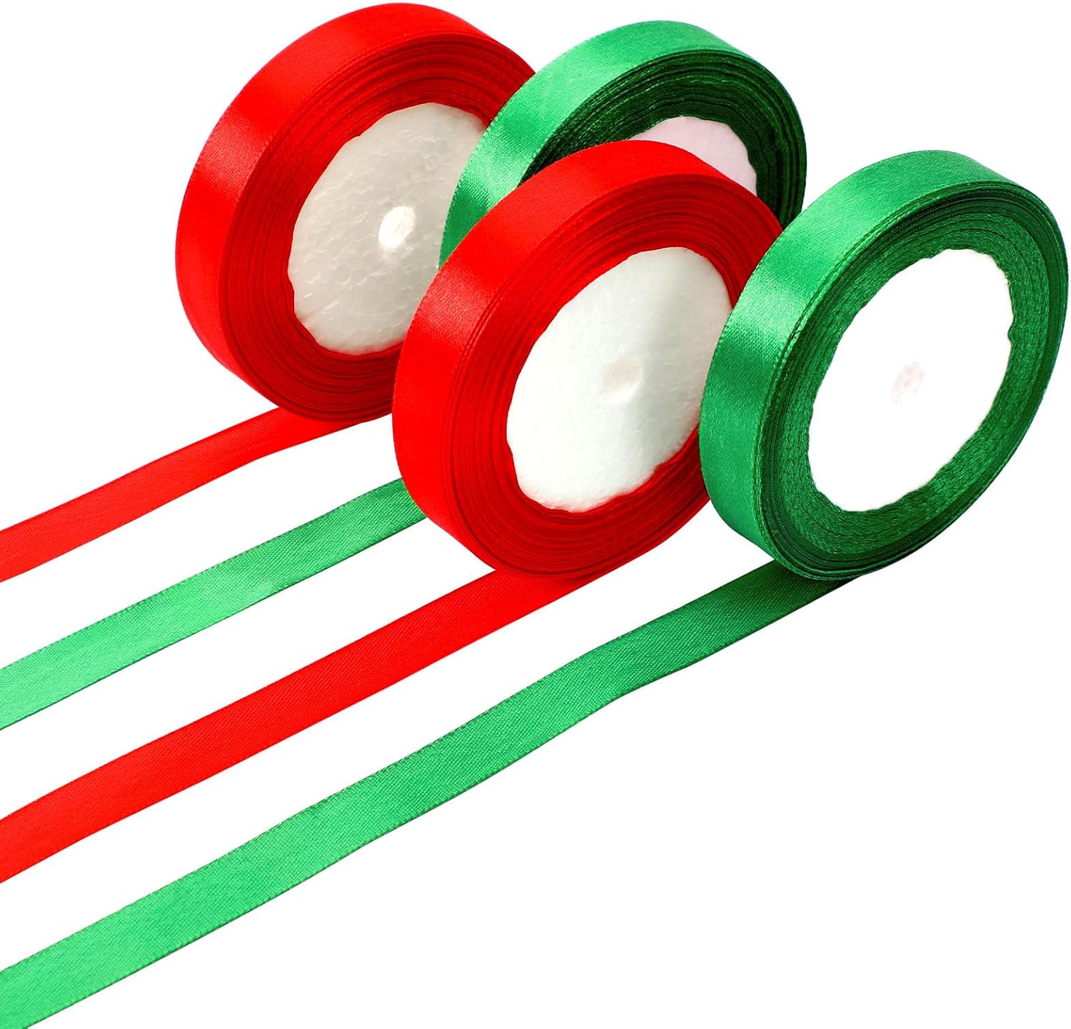 DECYOOL – 4 rollos de cintas navideñas de satén de 100 yardas de 0.591 in de ancho, para envolver regalos y decoración de Navidad, color rojo y verde