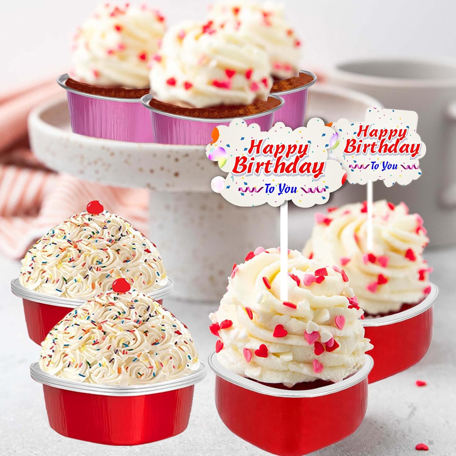 Moldes para pasteles con forma de corazón para hornear con tapas, 50 juegos de tazas de aluminio para cupcakes con tapas, 3.4 fl oz3.5 onzas, mini