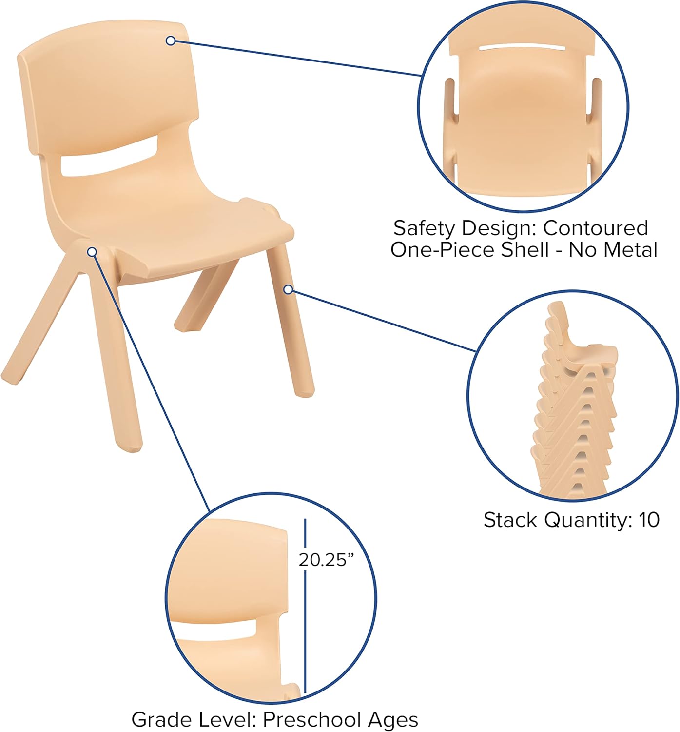 EMMA + OLIVER Paquete de 4 sillas escolares apilables de plástico natural con asiento de 10.5 pulgadas de alto, silla preescolar