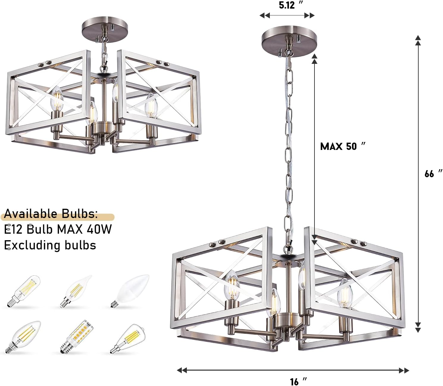 Szleomay Candelabro moderno de níquel cepillado, 4 lámparas de araña para comedor con marco cuadrado de metal, altura ajustable, accesorios de