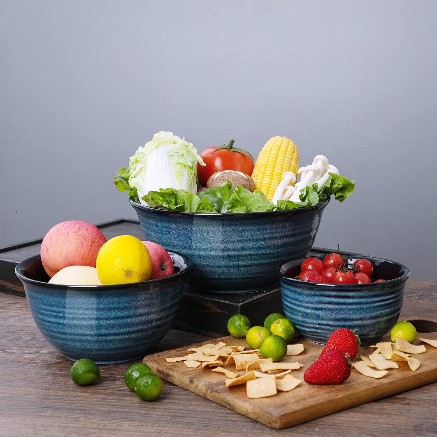 Tikooere – Juego de 3 cuencos de cerámica para cocina, cuencos anidables grandes para cocinar, hornear, platos versátiles para almacenamiento de
