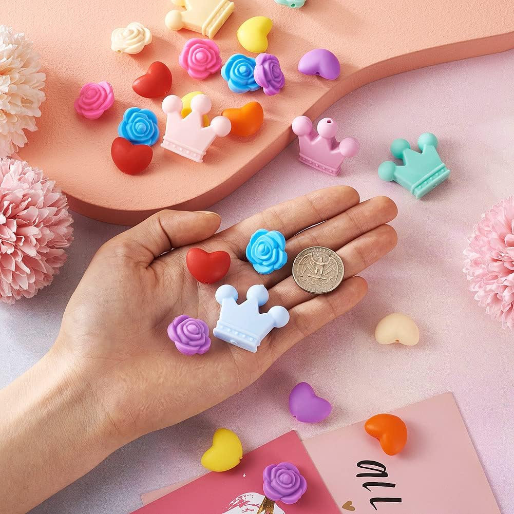 30 cuentas de silicona de corazón, corona, cuentas de goma, flores de silicona, cuentas sueltas de silicona a granel para mujeres, pulseras,