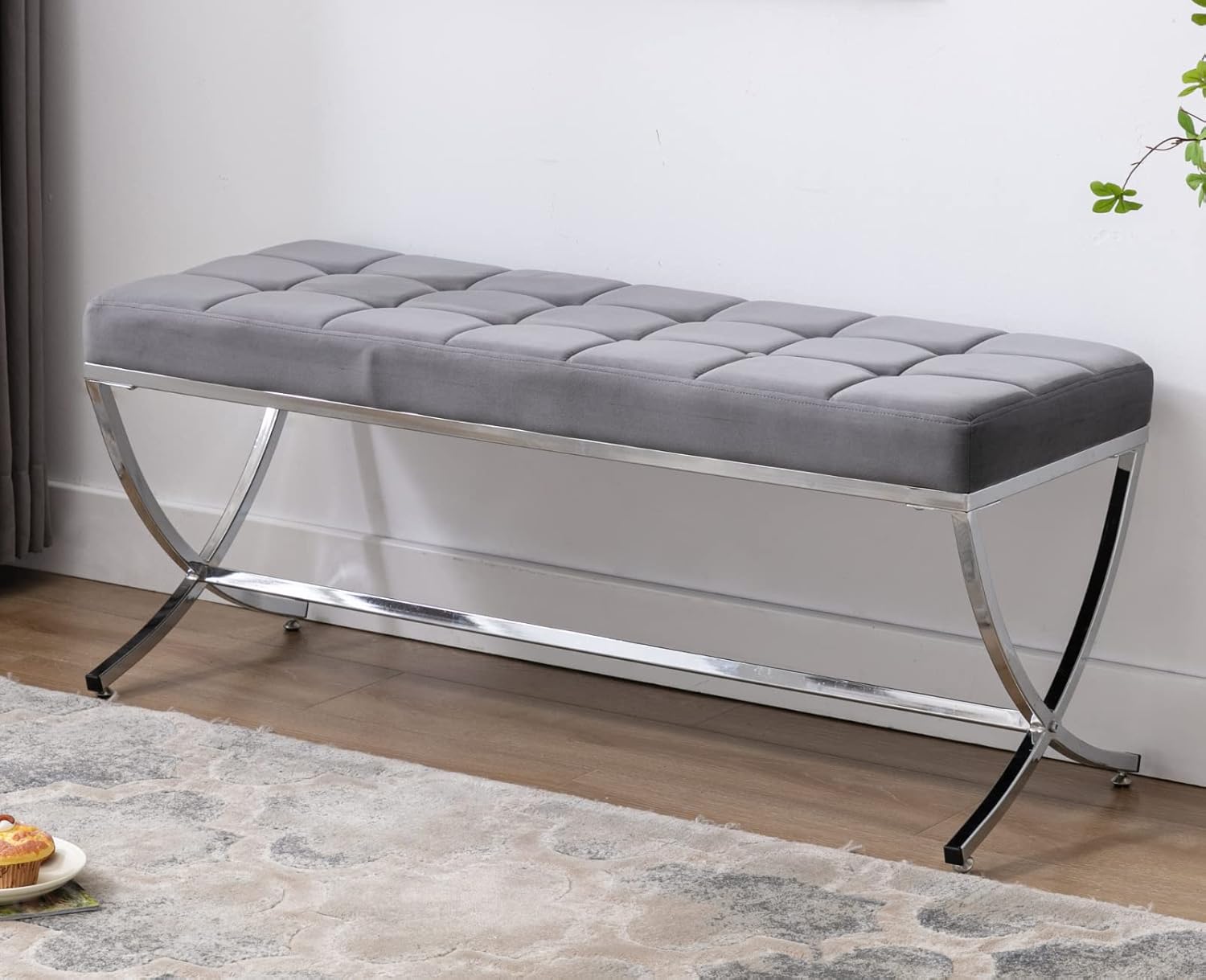 CIMOTA Moderno banco de entrada de terciopelo tapizado con botones y base de metal, elegante banco otomano para entrada, sala de estar, dormitorio,