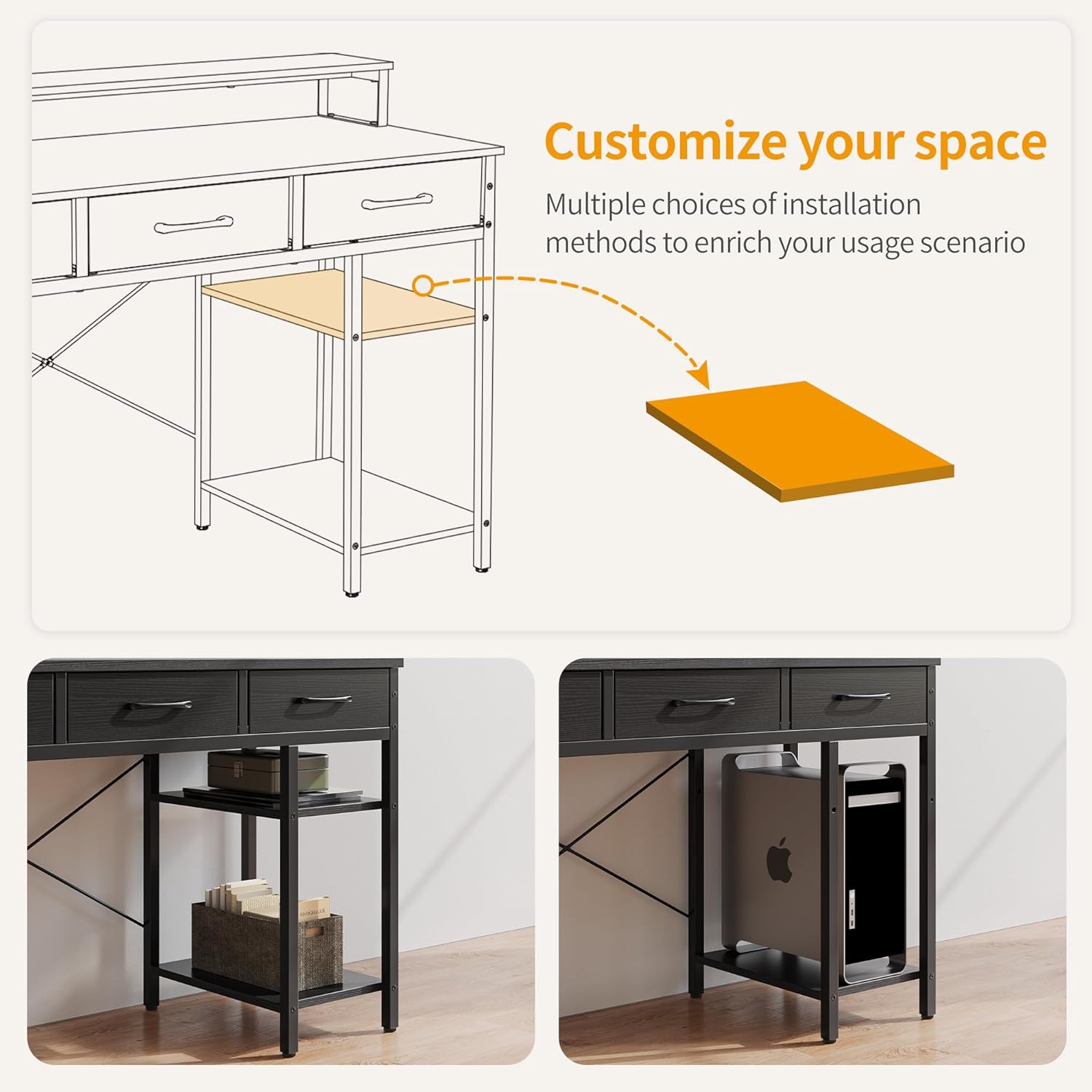 CubiCubi Escritorio de oficina para computadora de 47 pulgadas con cajones de tela y estantes de almacenamiento, escritorio pequeño y moderno con