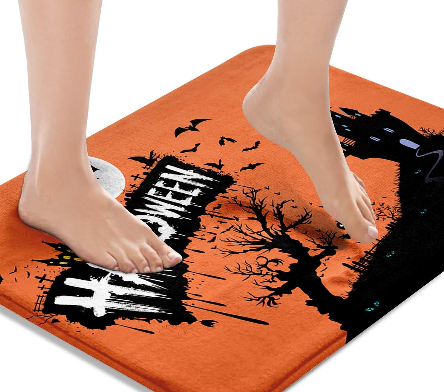 Britimes Tapete de baño de Halloween para baño, castillo bajo tumbas nocturnas naranjas, tapete de baño antideslizante, tapete de piso de 16 x 24
