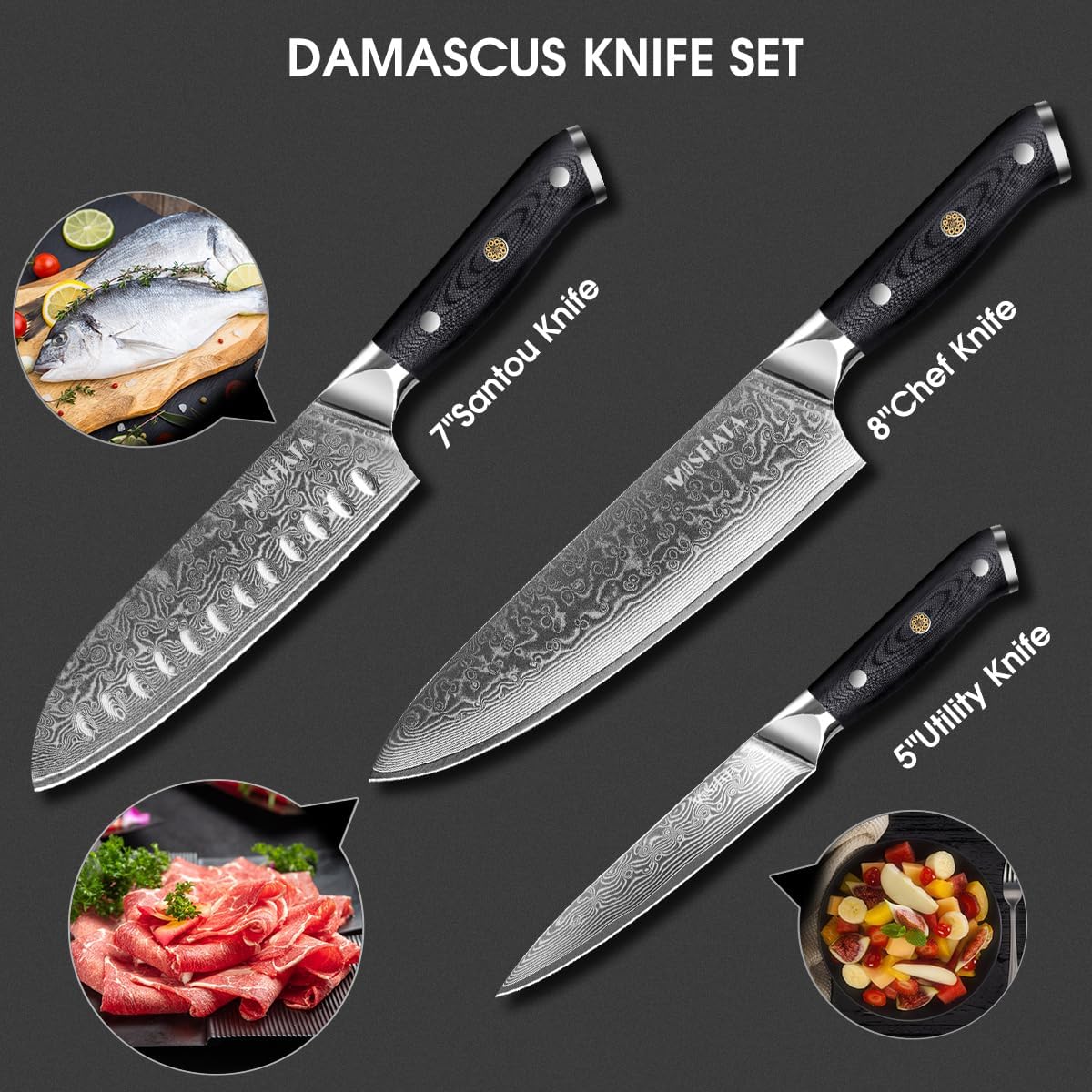 MOSFiATA Juego de cuchillos de chef profesional de Damasco, 3 piezas, cuchillo de chef de 8 pulgadas, cuchillo Santoku de 7 pulgadas y cuchillo