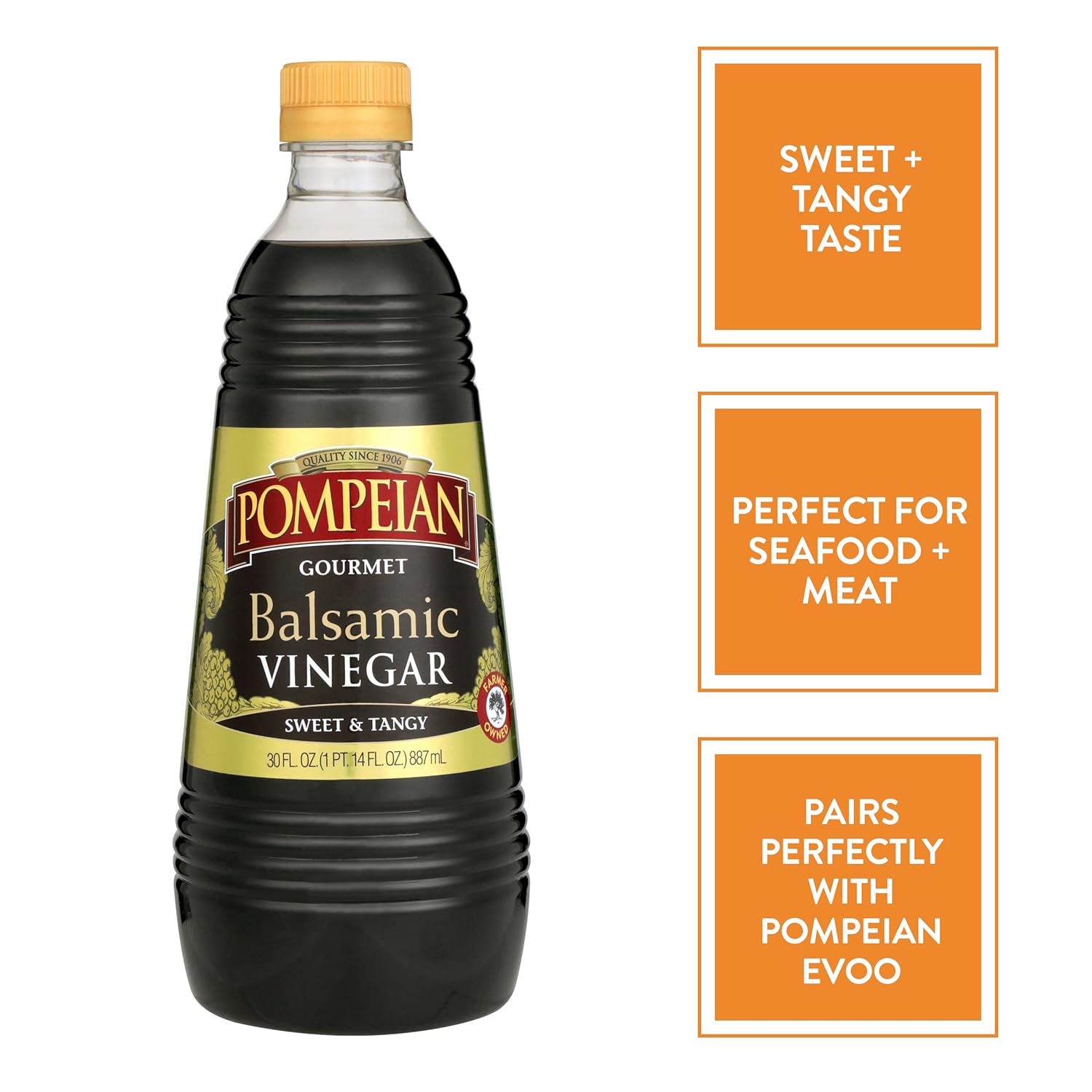 Pompeian Vinagre balsámico gourmet, perfecto para aderezos de ensaladas, salsas, platos de mariscos y carne, naturalmente sin gluten, 30 onzas