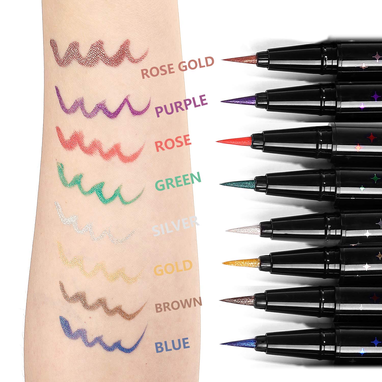Movo Juego de delineador de ojos y sombra de ojos líquido dorado y plateado 2 en 1, coloridos, suaves e hiperafilados, delineador de ojos líquido,