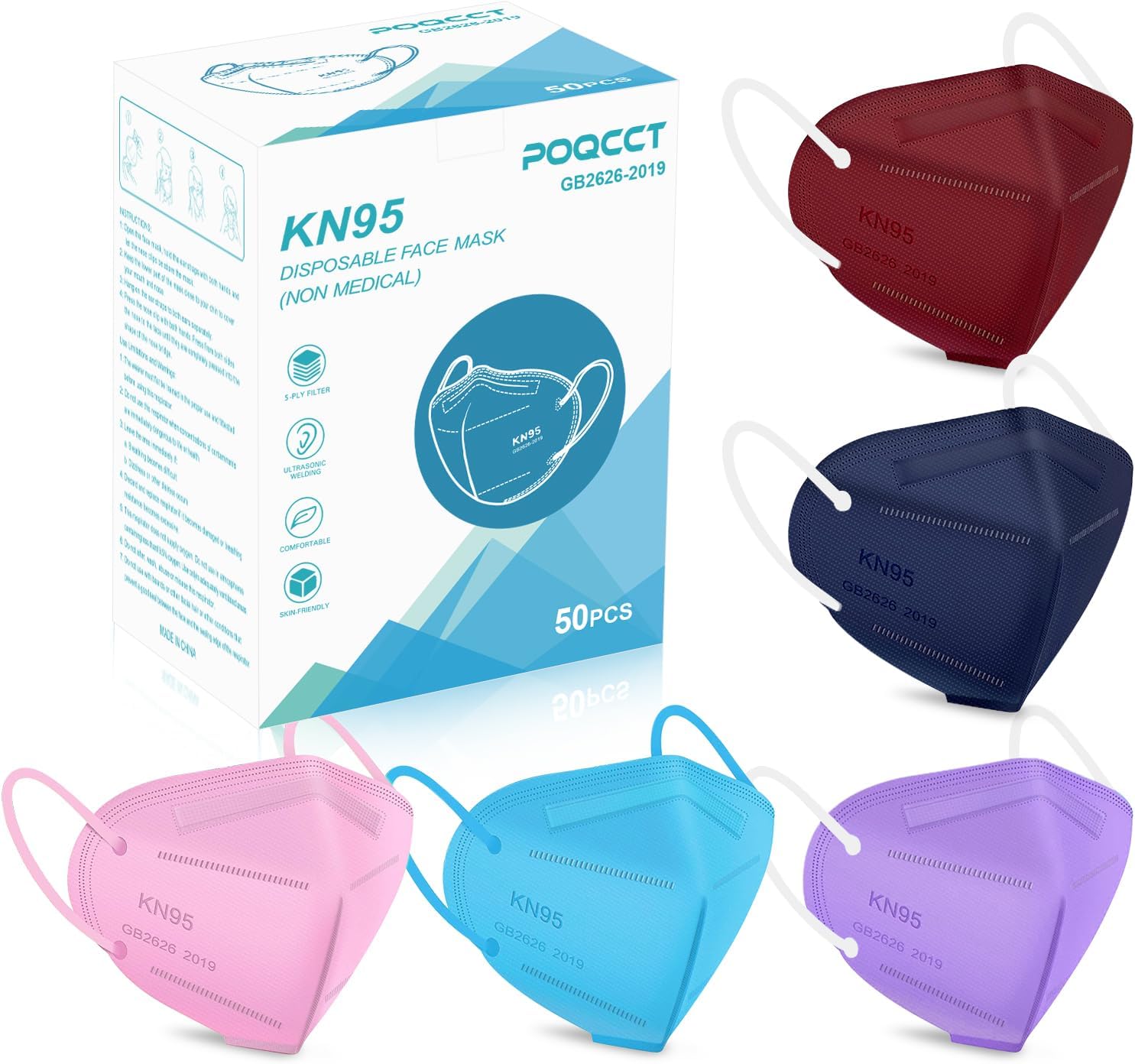 Mascarillas KN95, paquete de 50 unidades, transpirable, respirador de seguridad transpirable, 5 capas, copa multicolor, máscara KN95 desechable para