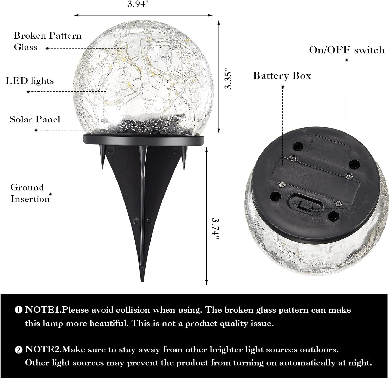 Honoson Luces solares decorativas de bola de vidrio agrietado, luces solares decorativas para paisaje al aire libre, luces LED solares impermeables