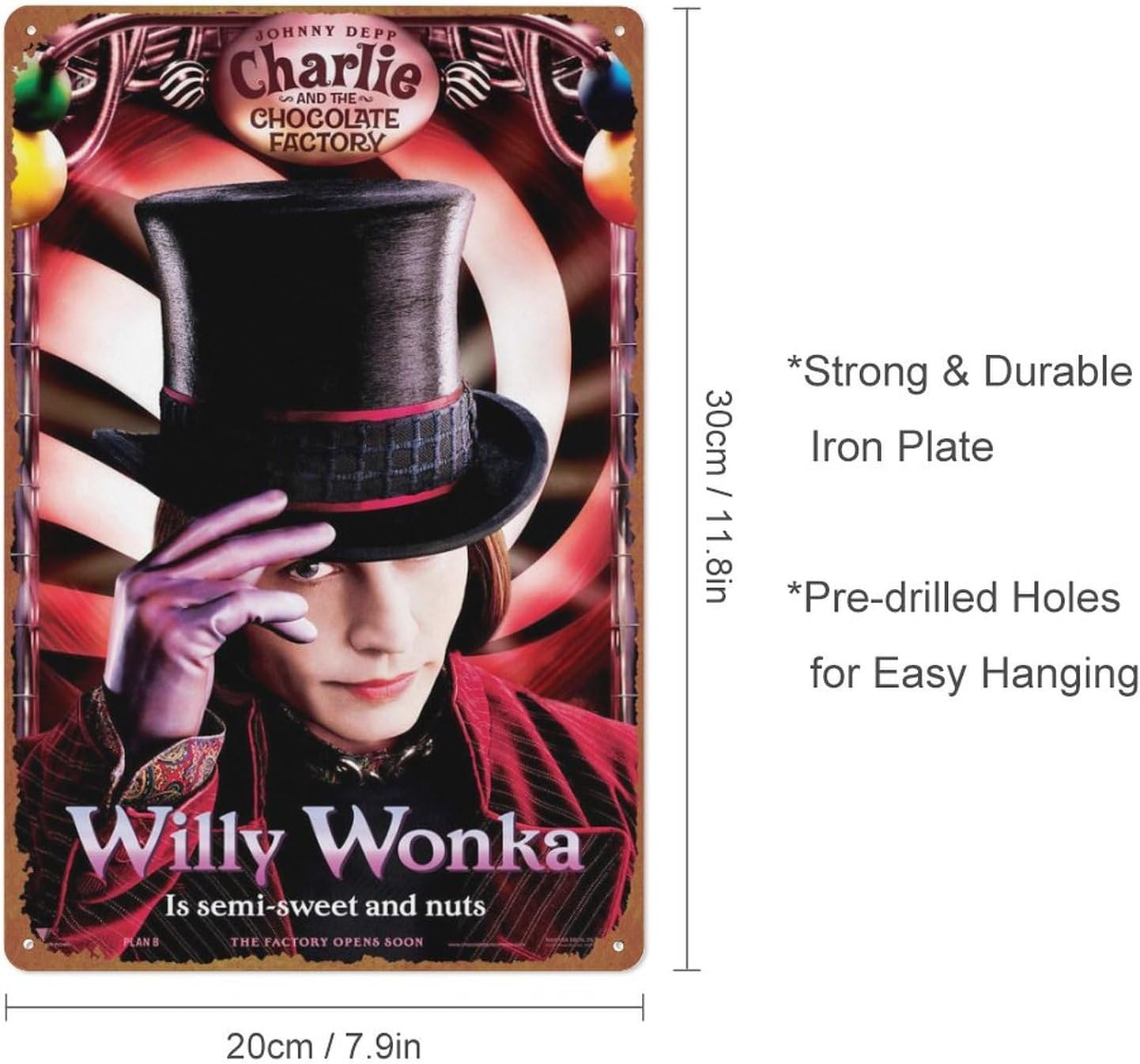 Charlie and the Chocolate Factory (# 4 de 10) Willy Wonka is semi-sweet and nuts 2005 Póster de película de pared para el hogar, letrero de metal de