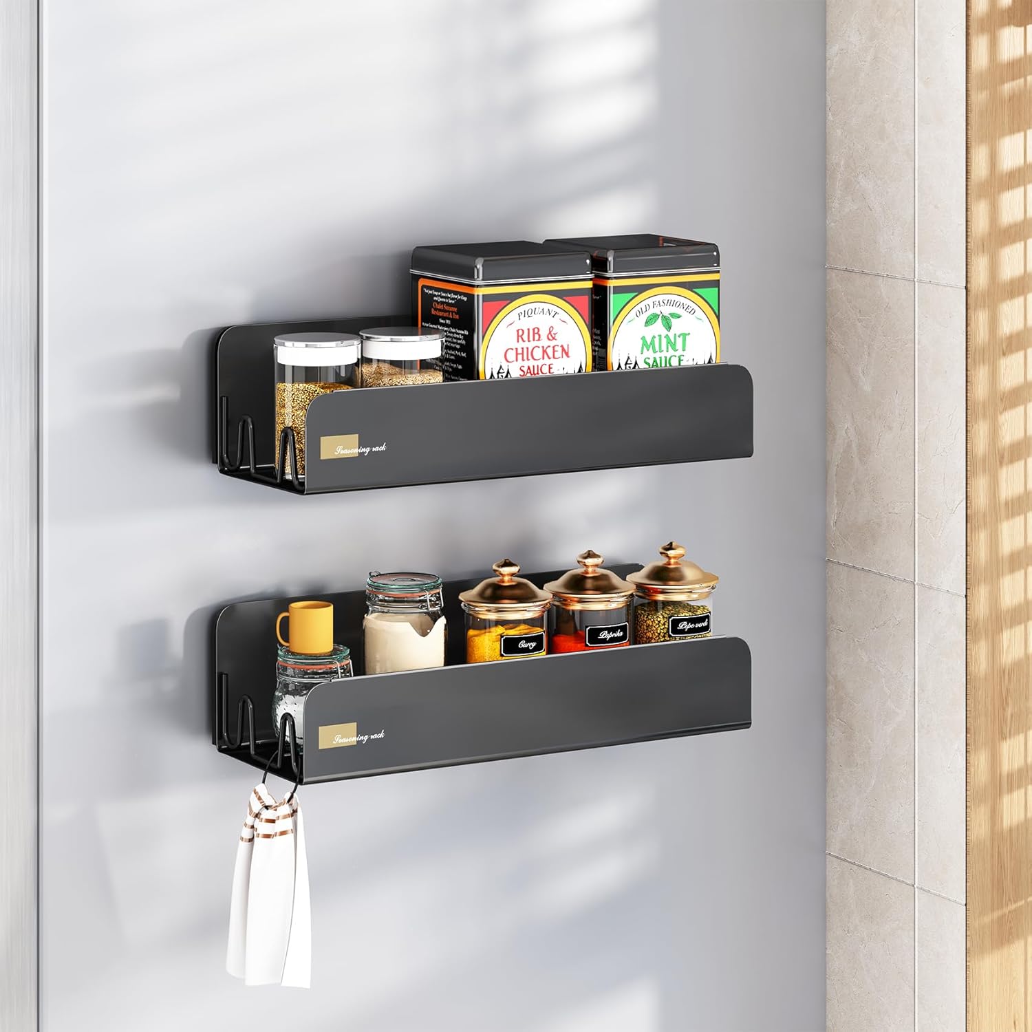 Estante magnético para especias para refrigerador, estante magnético, organizador de especias para refrigerador, paquete de 2 con 8 ganchos,