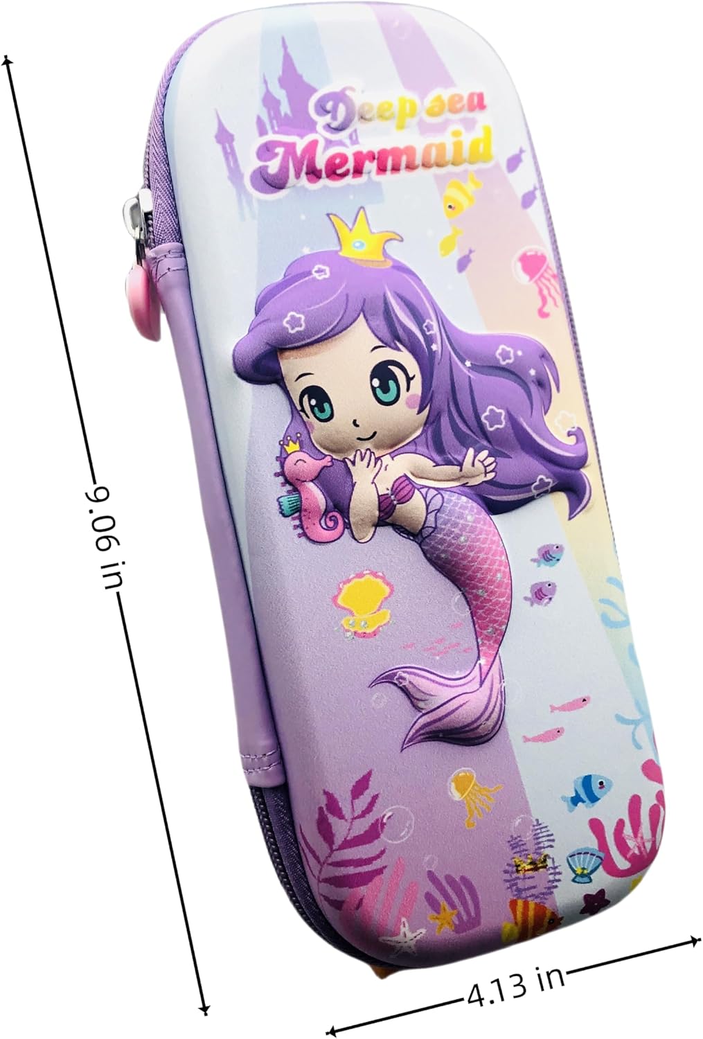 Estuche para lápices 3D para niños, resistente al agua, con compartimentos, estuche para bolígrafos (sirena de pelo morado)