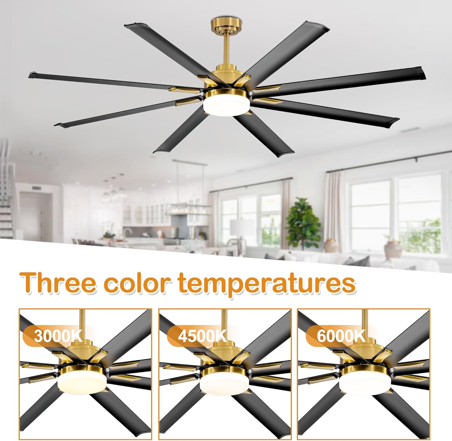 Breezary Ventiladores de techo de 72 pulgadas con control remoto de luz LED, 8 aspas de aluminio, ventilador de techo dorado y negro con motor de CC