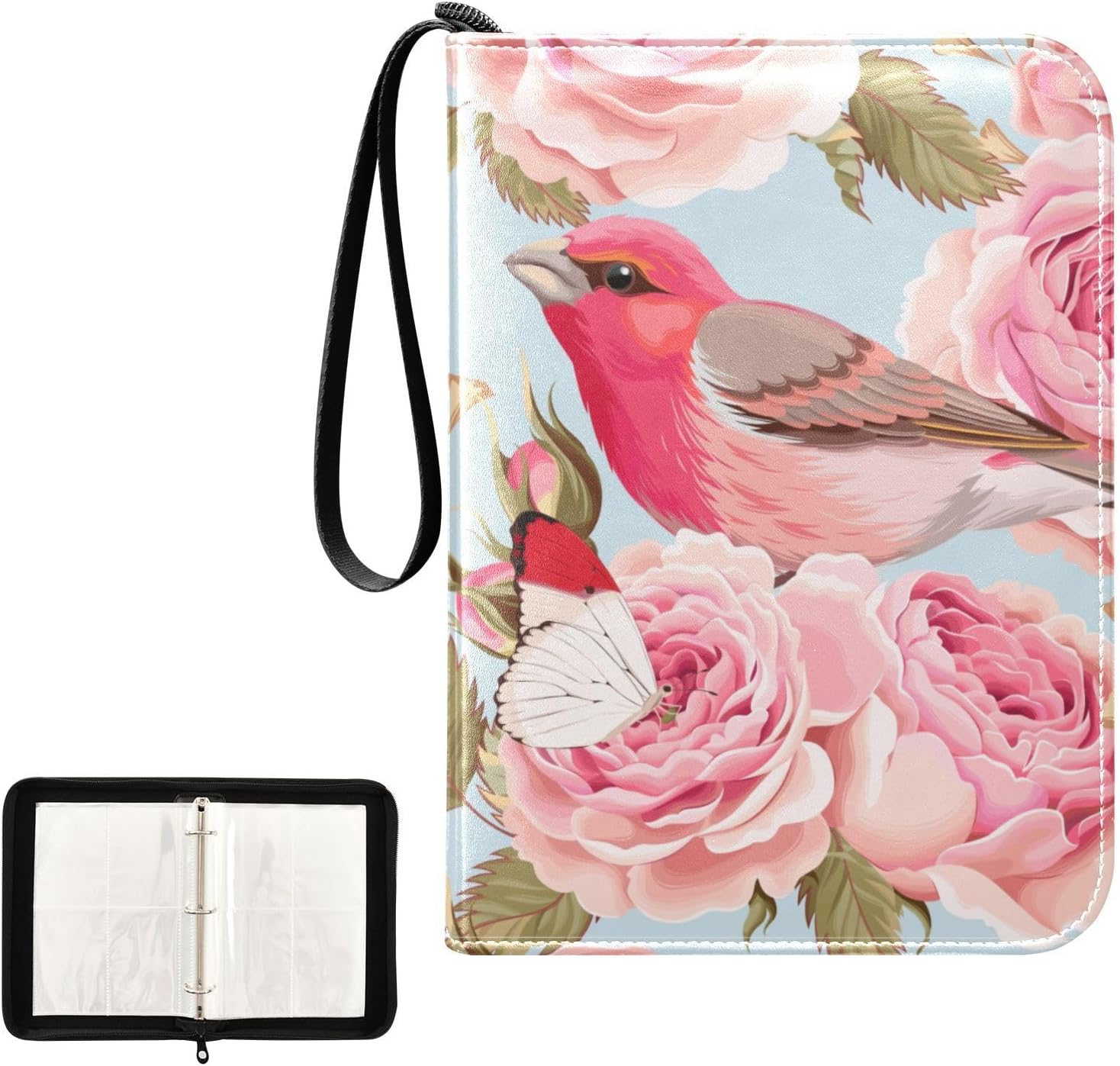 Carpeta de tarjetas coleccionables de flores y pájaros de rosas con 4 bolsillos con 50 fundas extraíbles, carpeta de álbumes de tarjetas de 3