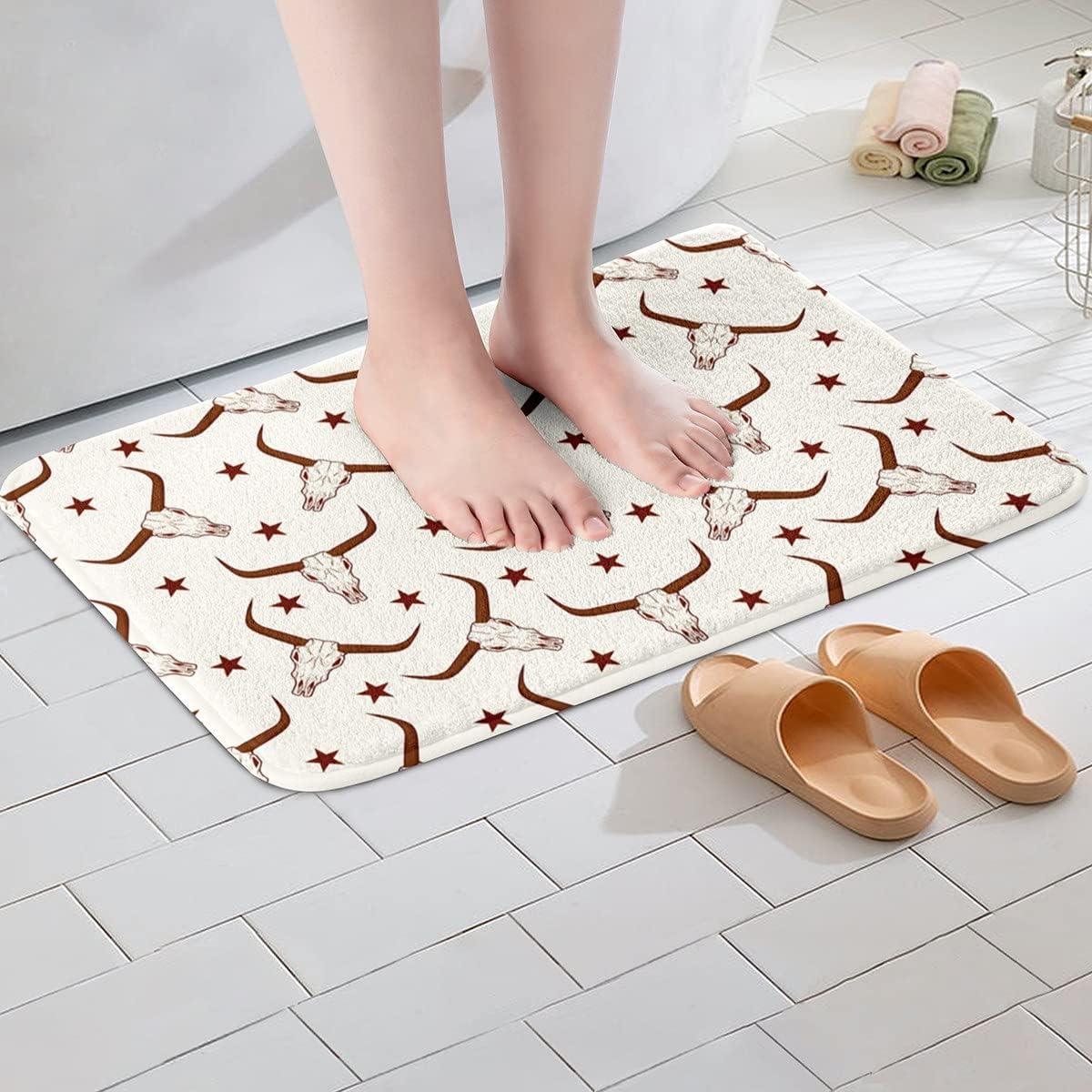 Alfombrillas de calavera de toro, alfombra de cuerno largo y vaca, regalos de vaqueros, alfombra de baño con estrellas del oeste de Texas, animales
