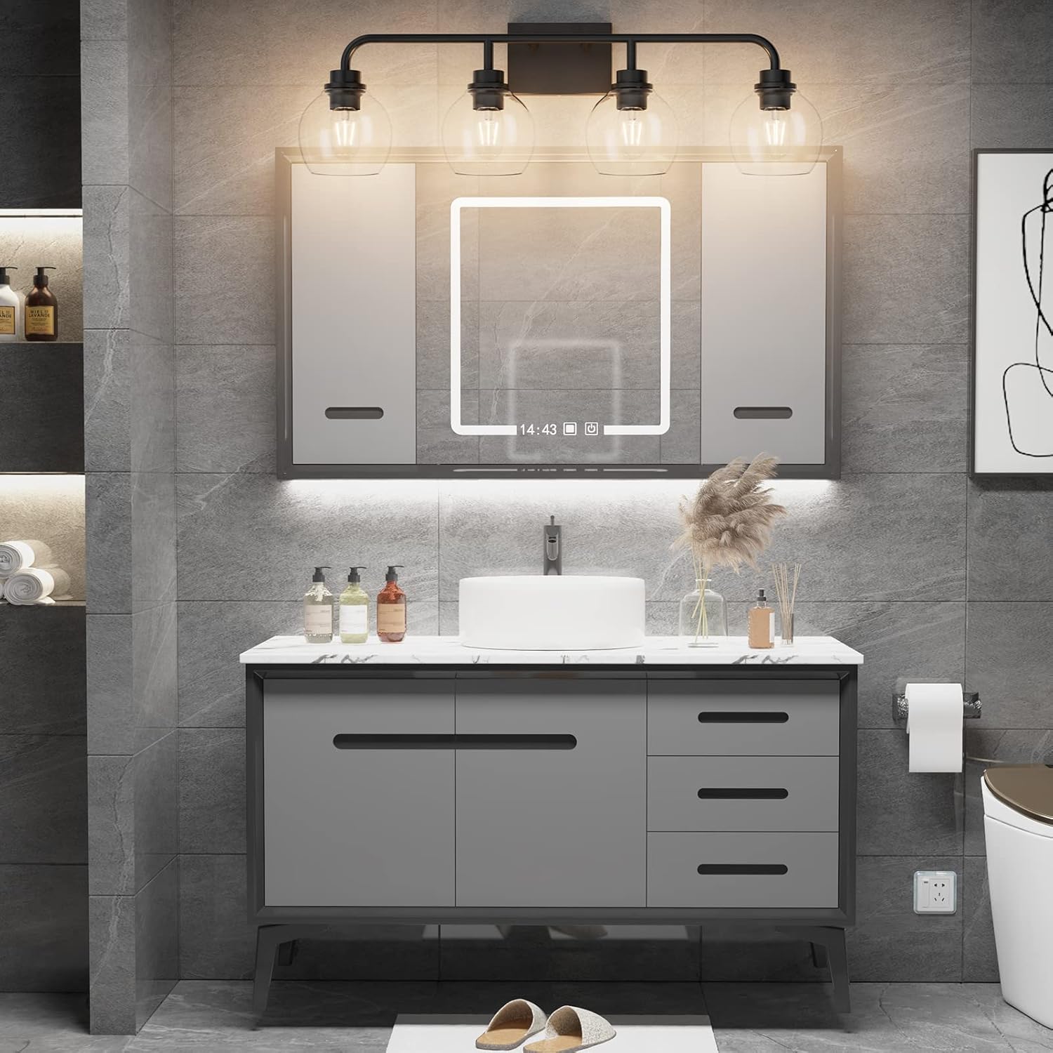 Tipace Lámparas industriales para tocador de baño, 4 luces, acabado negro vintage con globo de vidrio transparente, iluminación de baño de granja