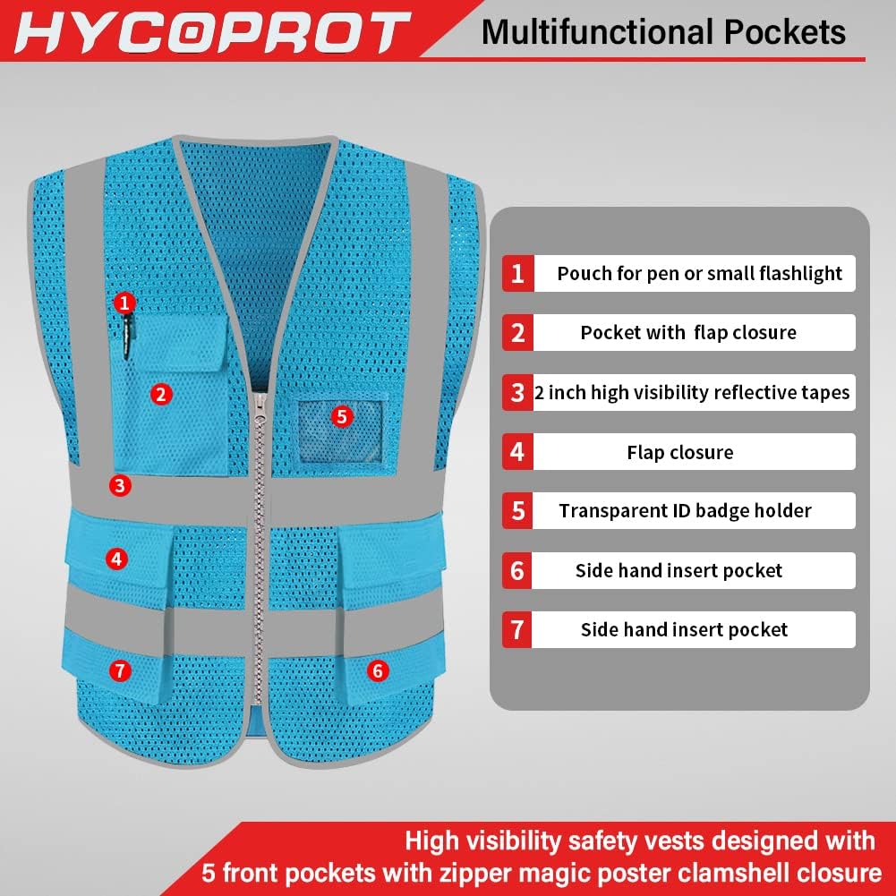 HYCOPROT High Visibility Mesh Safety Reflective Vest with Pockets and Zipper, Meets ANSIISEA Standards