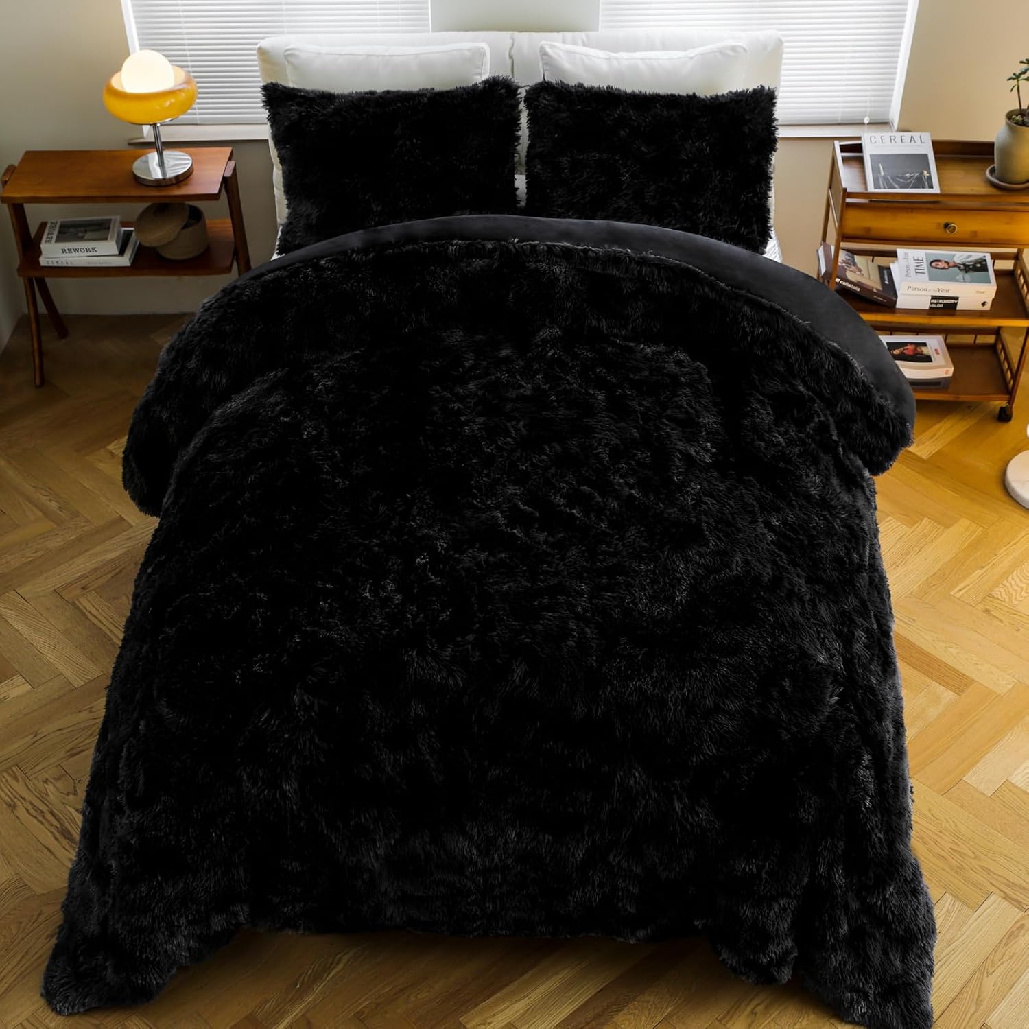 Auemtyn Juego de edredón lanudo tamaño Queen, juego de edredón de pelo sintético negro con 2 fundas de almohada, juego de edredón de lujo lavable de