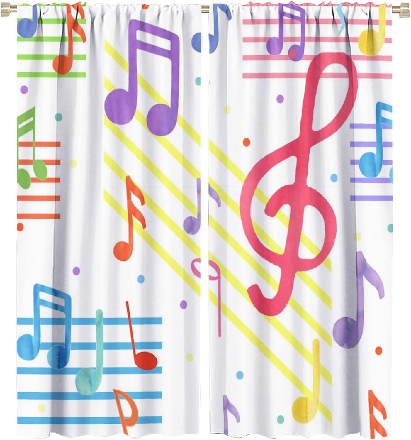 Cortinas con notas temáticas musicales, coloridas y abstractas modernas, con estampado de símbolos de música moderna, cortinas opacas con