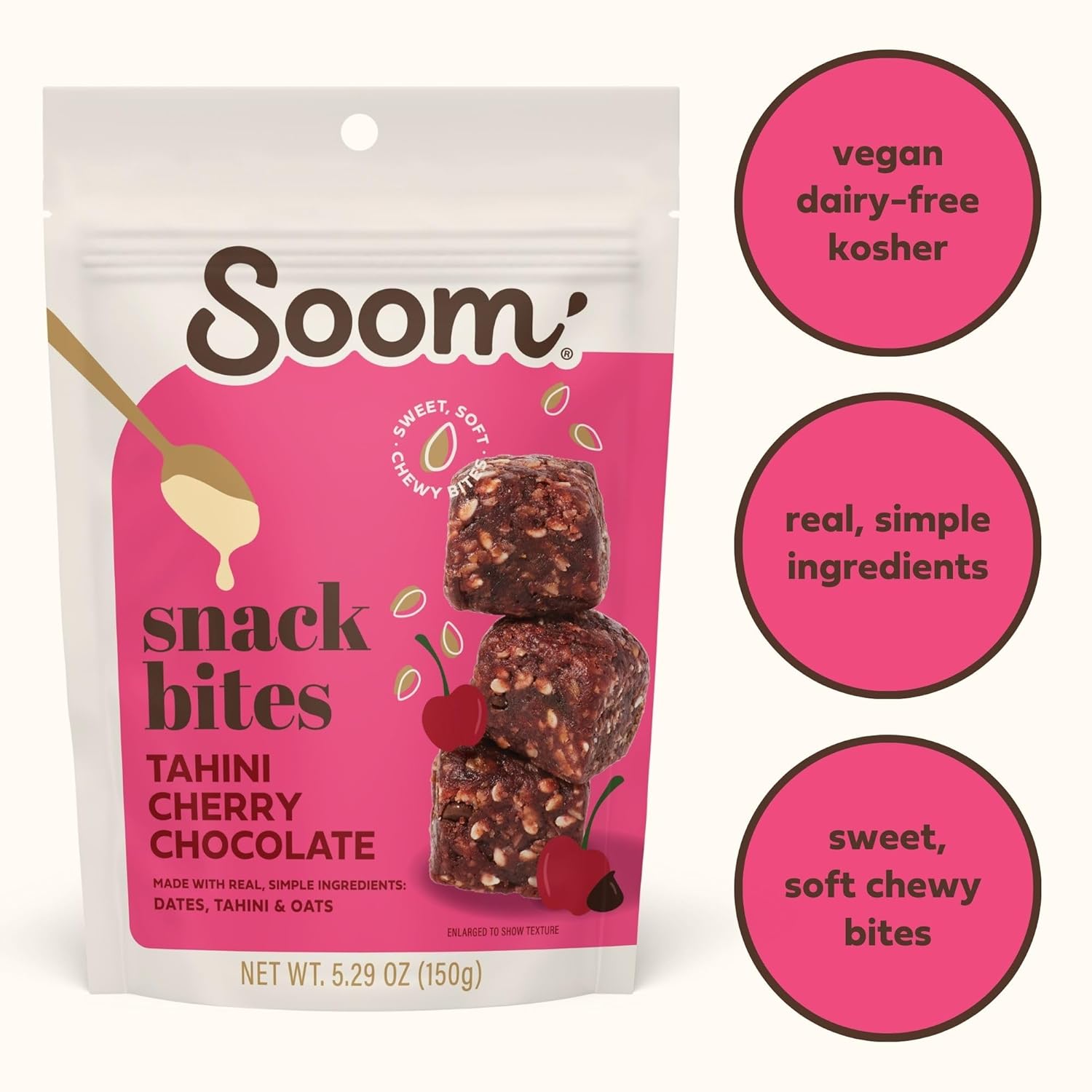 Soom Foods Tahini – Bocadillos de chocolate con cereza y dátiles, paquete de 3 (100% natural  Bocadillo o postre energético saludable  Sin azúcar