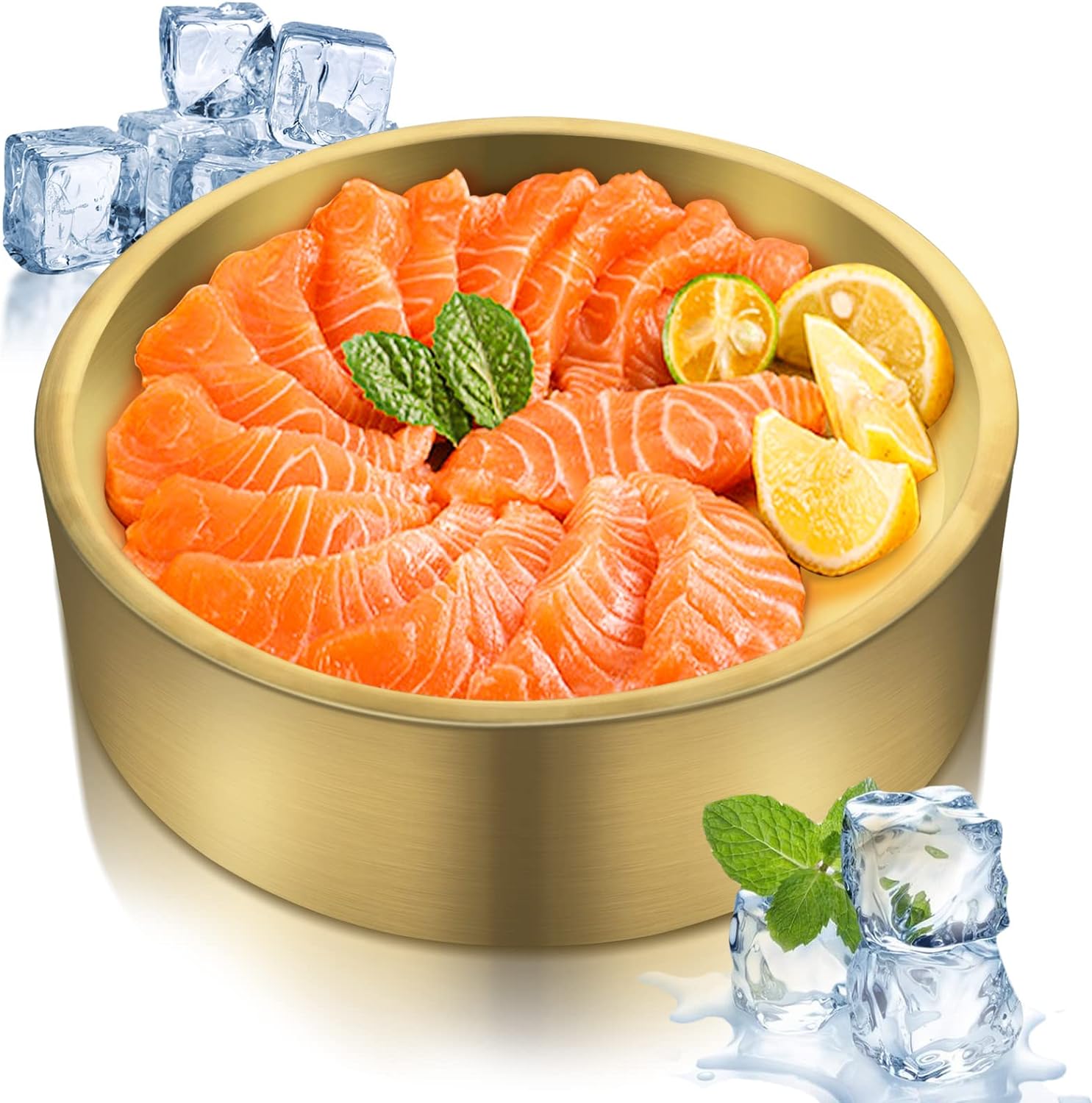 Bandejas frías de acero inoxidable dorado de 8.5 pulgadas, bandeja para servir aperitivos fríos con hielo, bandeja de servir helado para fiestas,