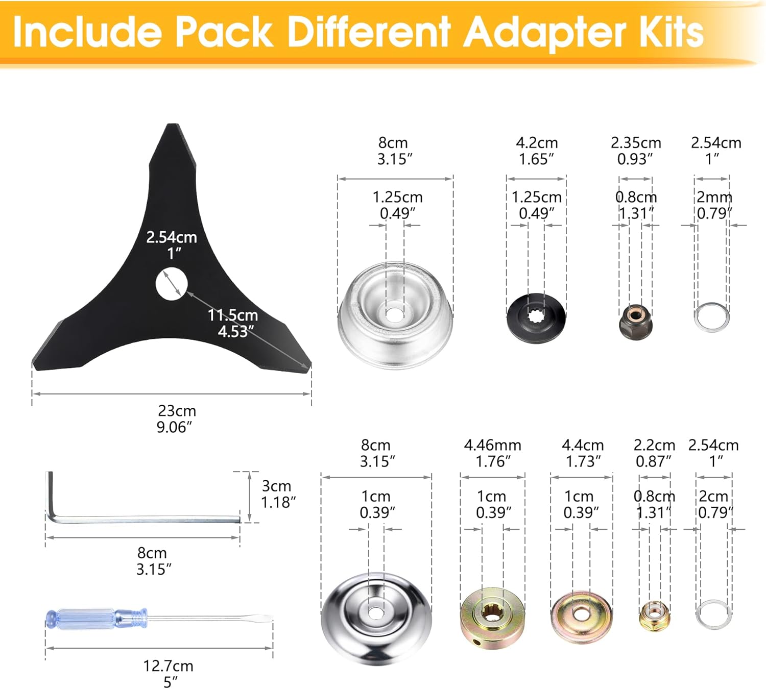 Cuchilla de repuesto de acero al carbono de 10 x 3 dientes, cuchillas de repuesto para cortacésped con 2 kits de adaptadores diferentes, compatible
