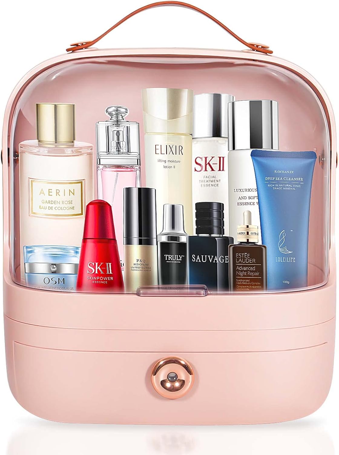 MASSY Egg Shape(Oval) Makeup Storage Box, Countertop Portable Vanity Cosmetics Organizer Preppy Style (MBOX-03-Pink)