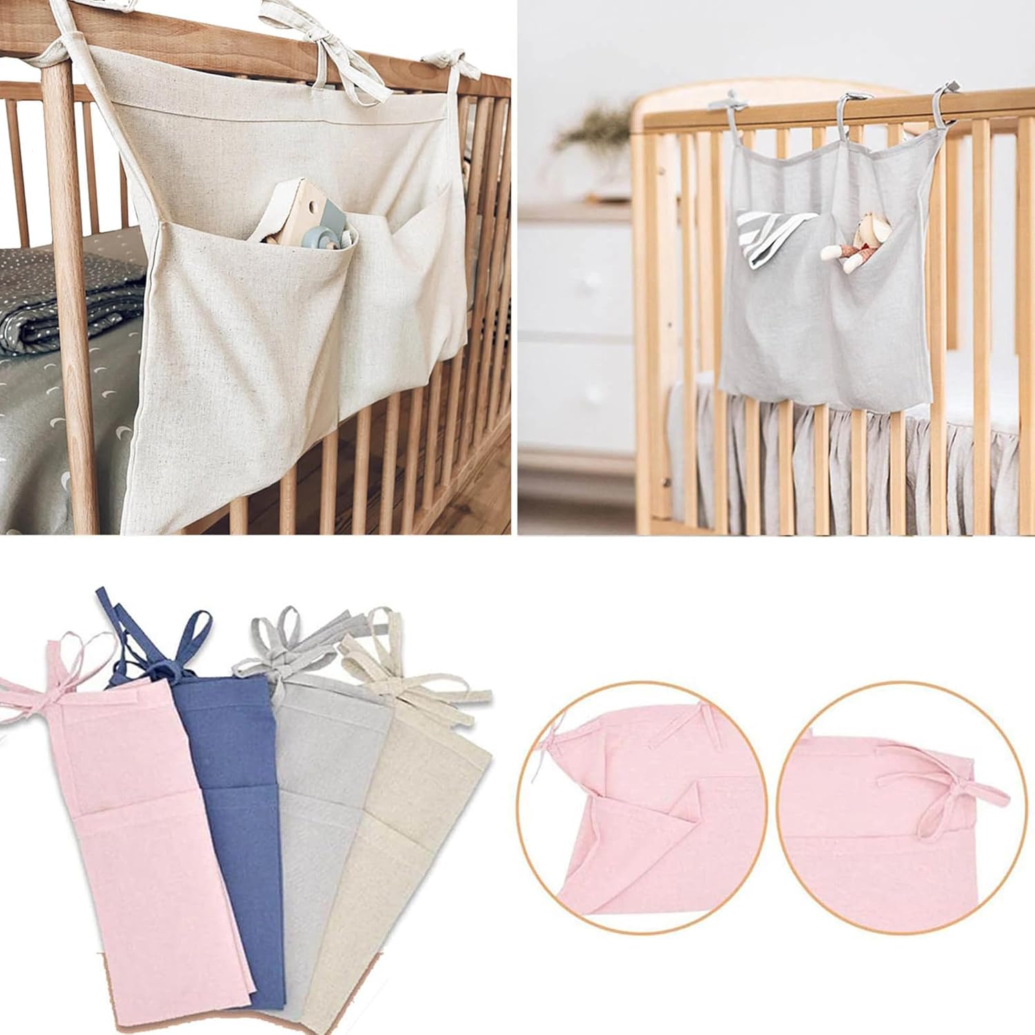Bolsa de almacenamiento colgante para mesita de noche de bebé, organizador de 2 bolsillos para juguetes de cuna, almacenamiento de pañales para