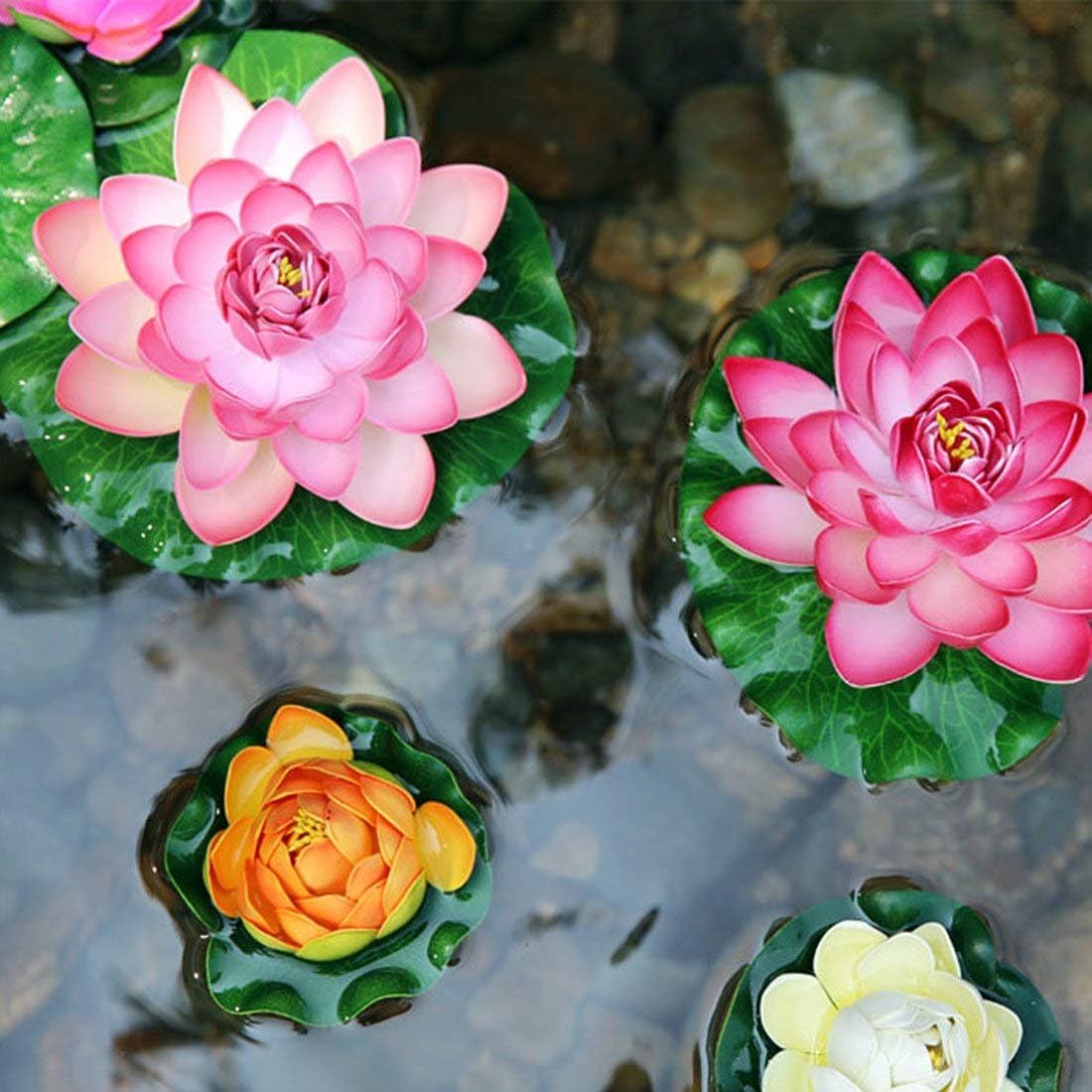 Superdream 4 flores de loto flotantes artificiales grandes, decoración de boda para el hogar, jardín, estanque, acuario (7 pulgadas) (naranja,